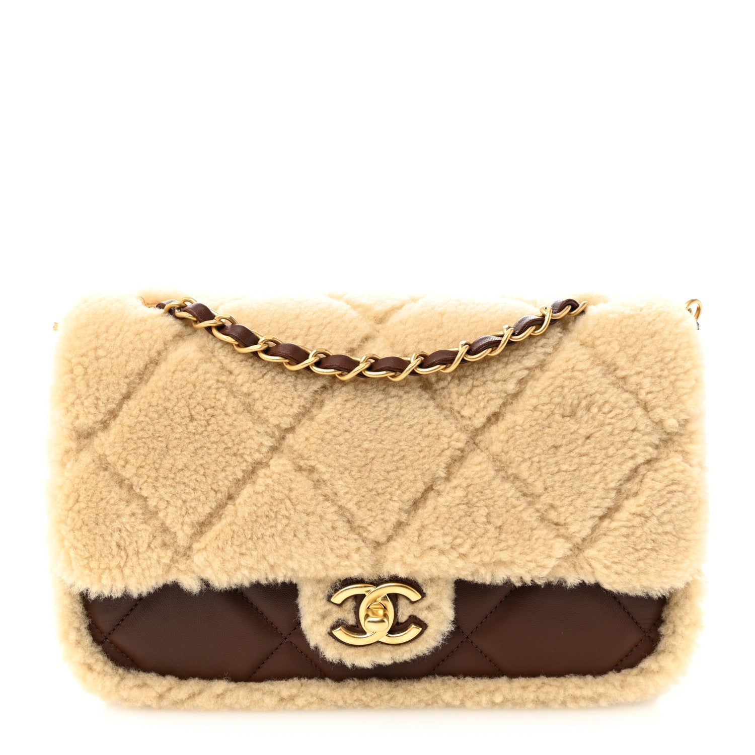 Shearling Lambskin Quilted Furry Coco Flap Beige Dark Brown