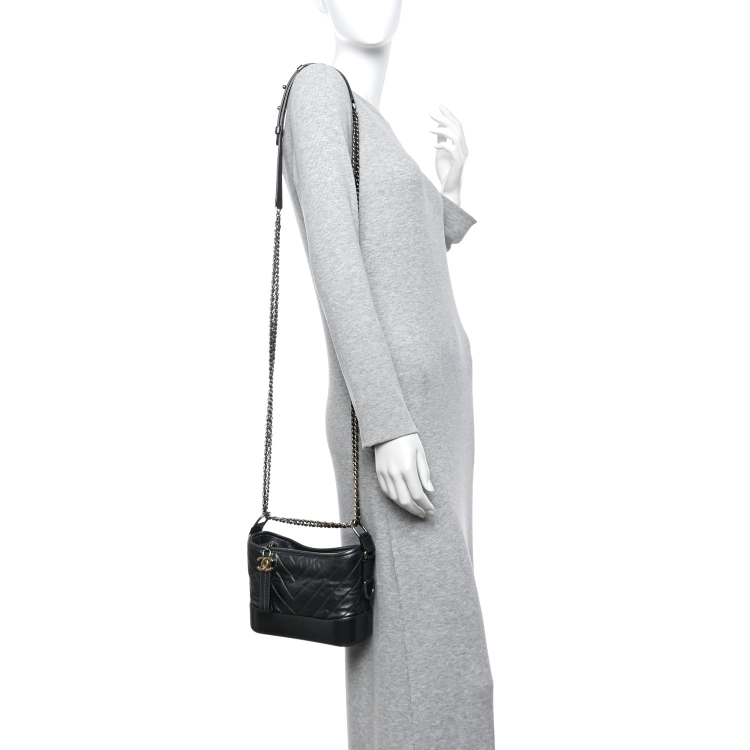 Metallic Aged Calfskin Chevron Quilted Small Gabrielle Hobo Dark Grey
