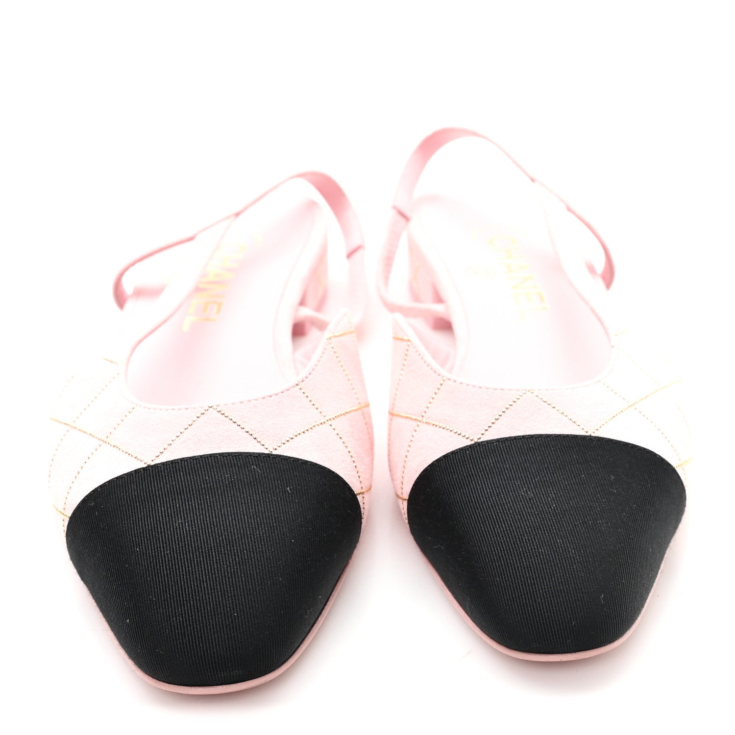 Suede Crystal Grosgrain Cap Toe CC Slingback Flats 37 Pink Gold Black