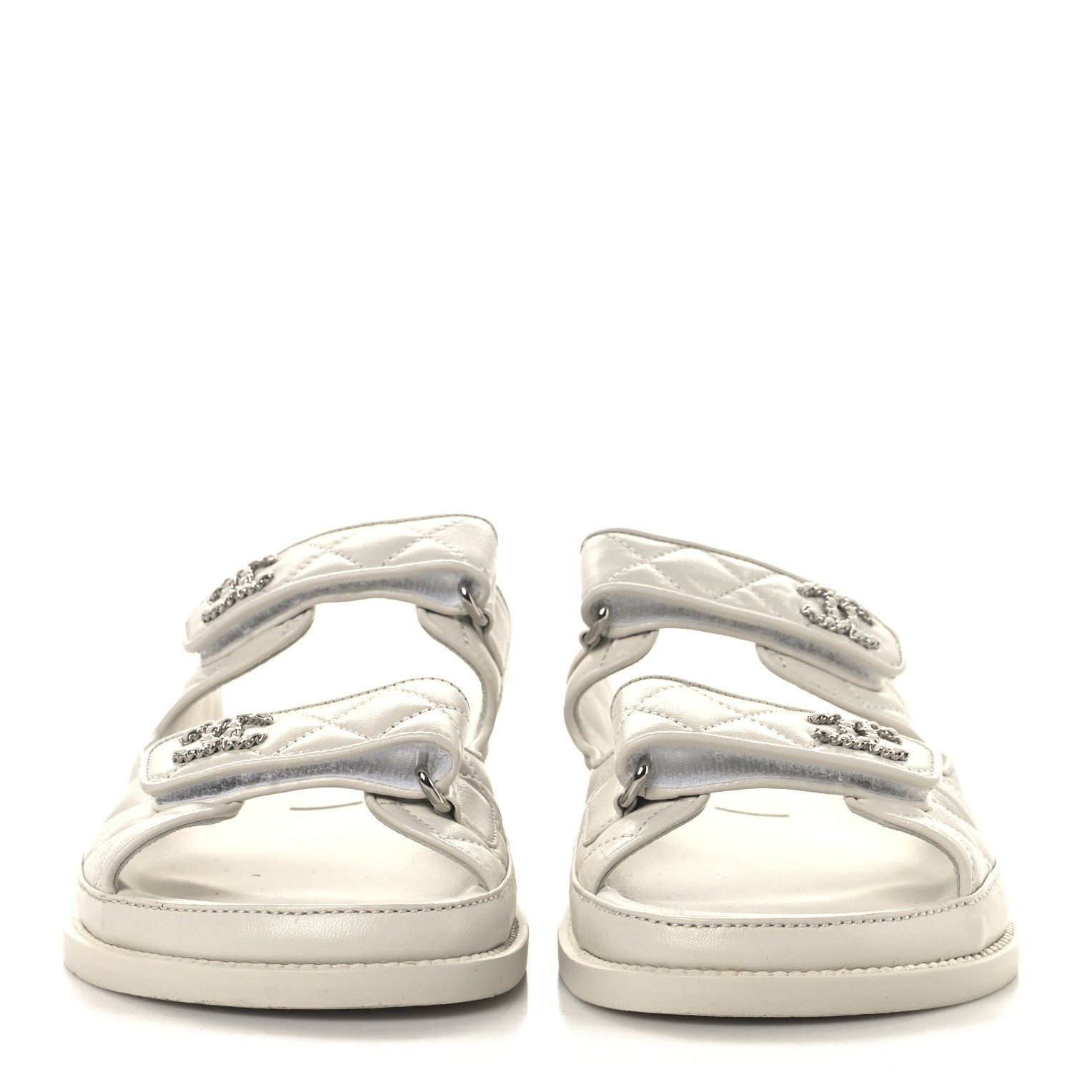 Lambskin Quilted Velcro Dad Chain CC Slide Sandals 38 White