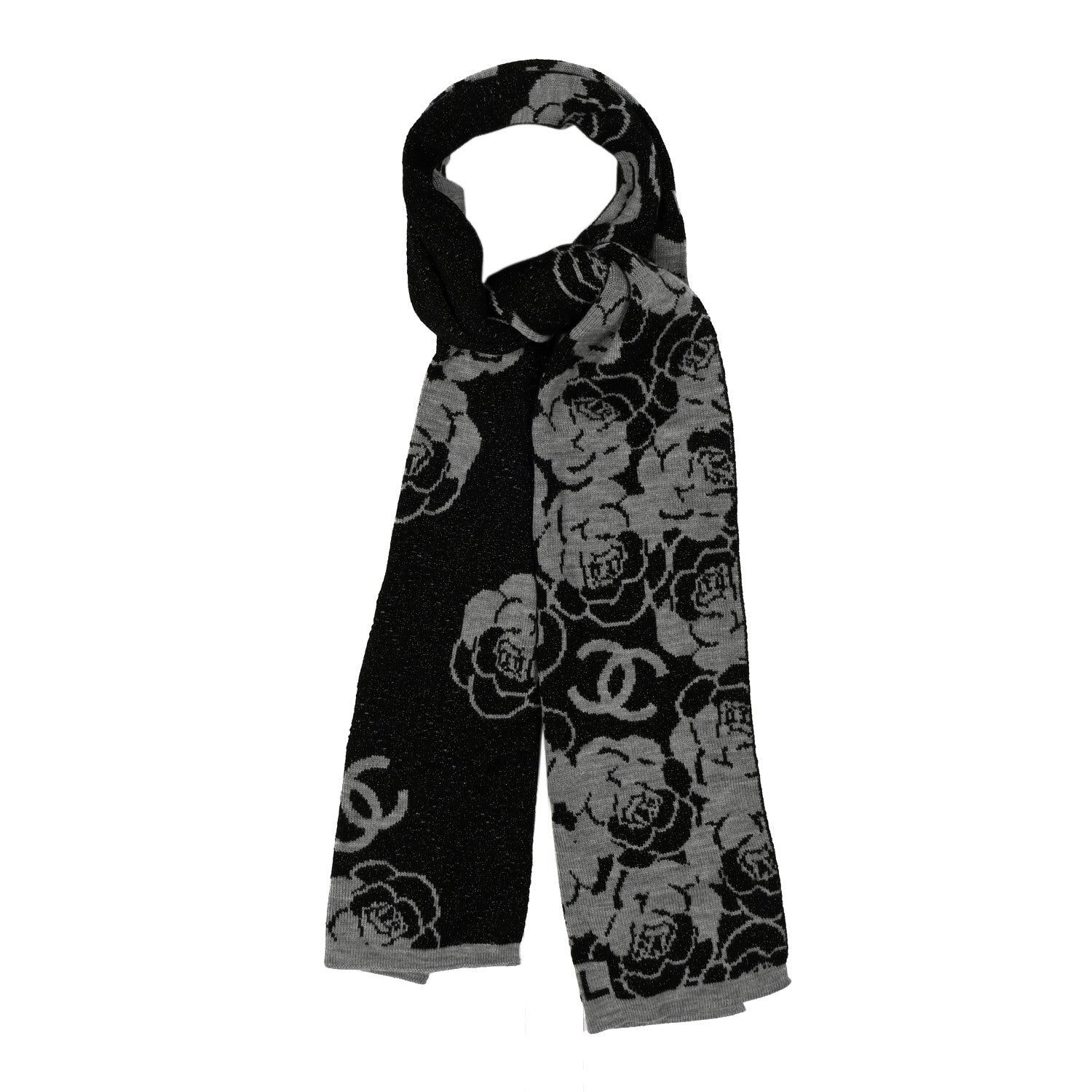 Wool Cashmere Viscose Metallic Fiber Camellia Scarf Black Grey