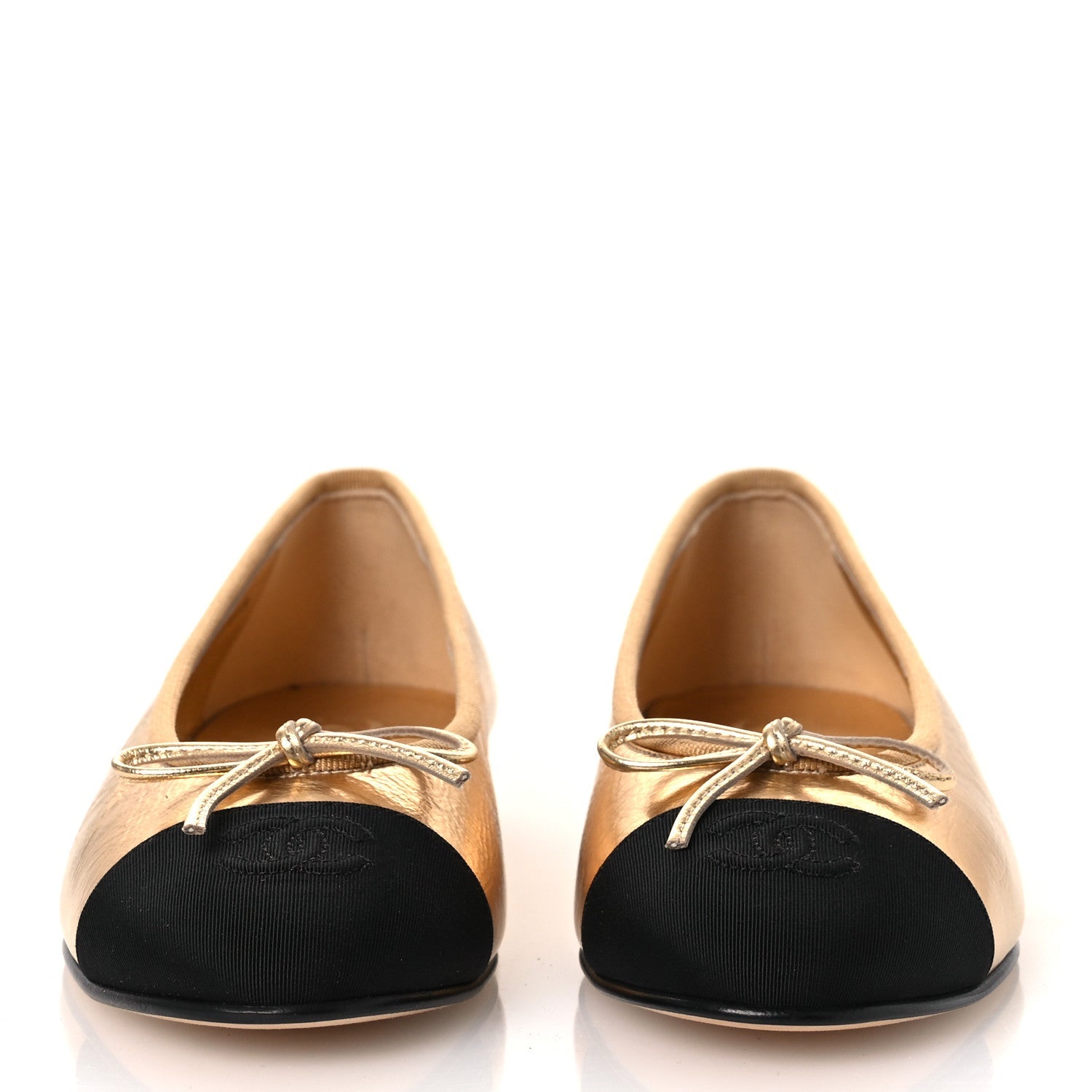 Laminated Crumpled Lambskin Grosgrain Cap Toe CC Ballerina Flats 37.5 Gold Black