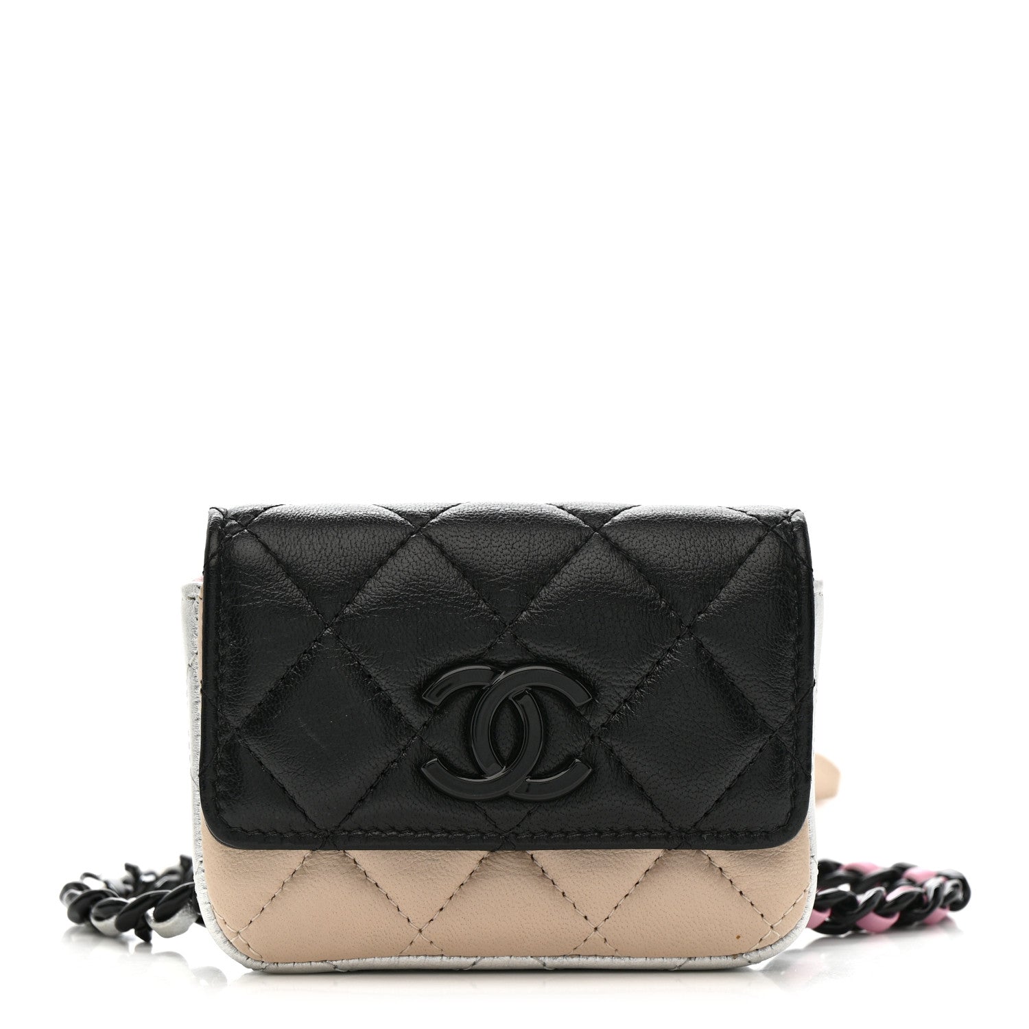 Lambskin Quilted Mini Chain Belt Bag Black Beige Multicolor