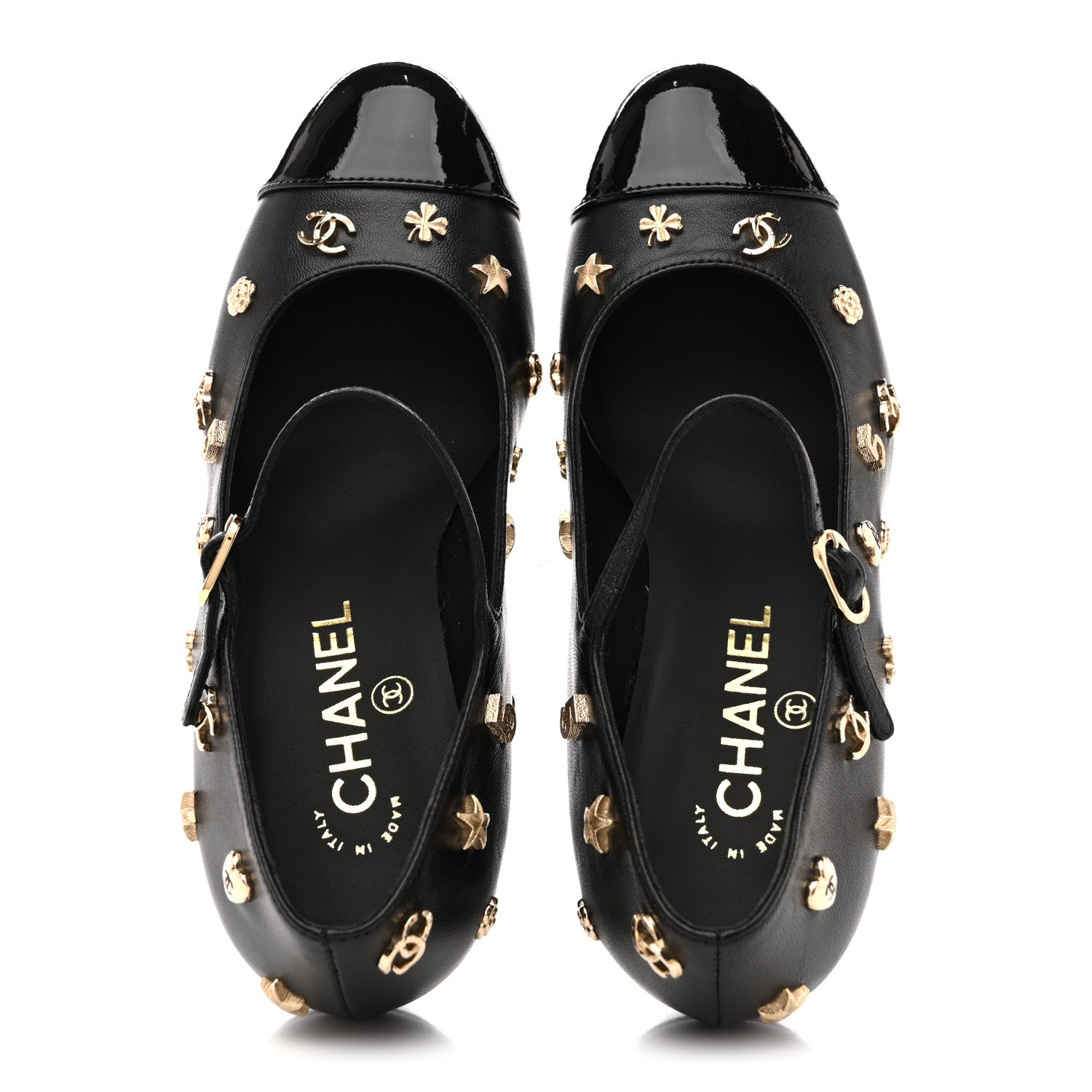 Lambskin Patent Cap Toe Charms Mary Jane Pumps 36.5 Black