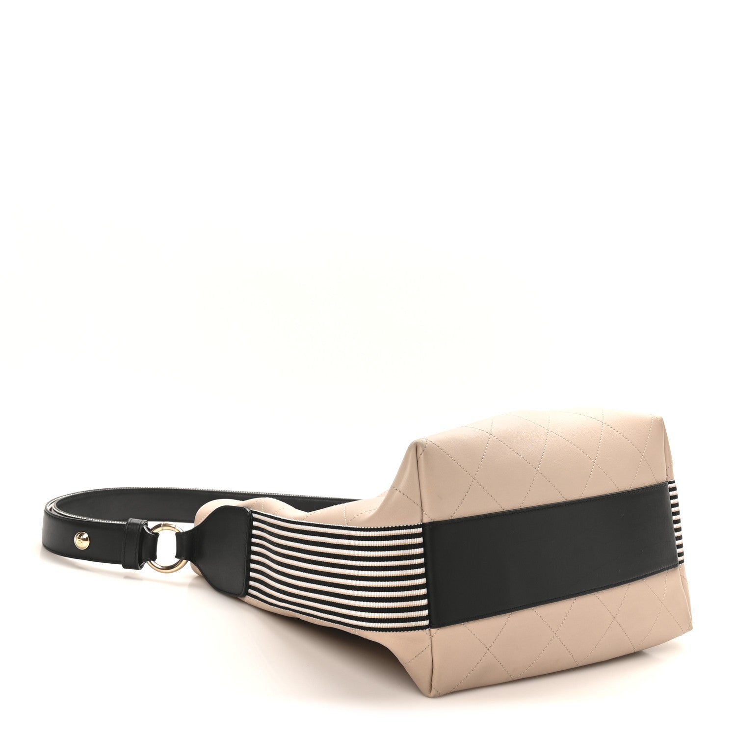 Calfskin Stitched Large Stripe Hobo Beige Black