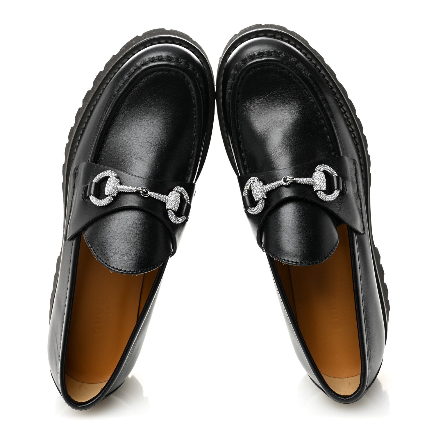 Calfskin Crystal Womens Horsebit Platform Lug Sole Loafers 37.5 Black