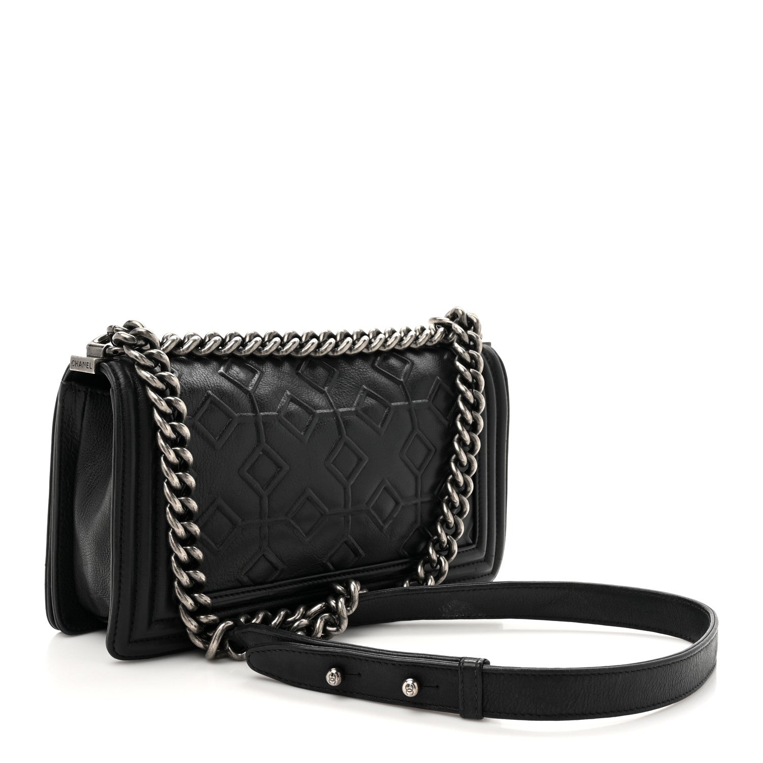 Calfskin Crystal Embossed Medium Boy Flap Black
