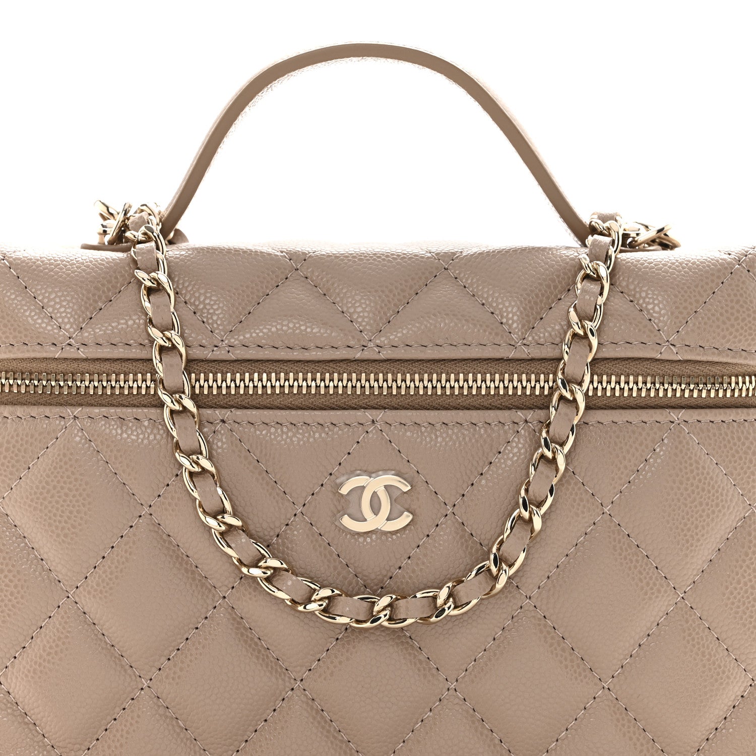 Caviar Quilted Top Handle Slim Vanity With Chain Dark Beige