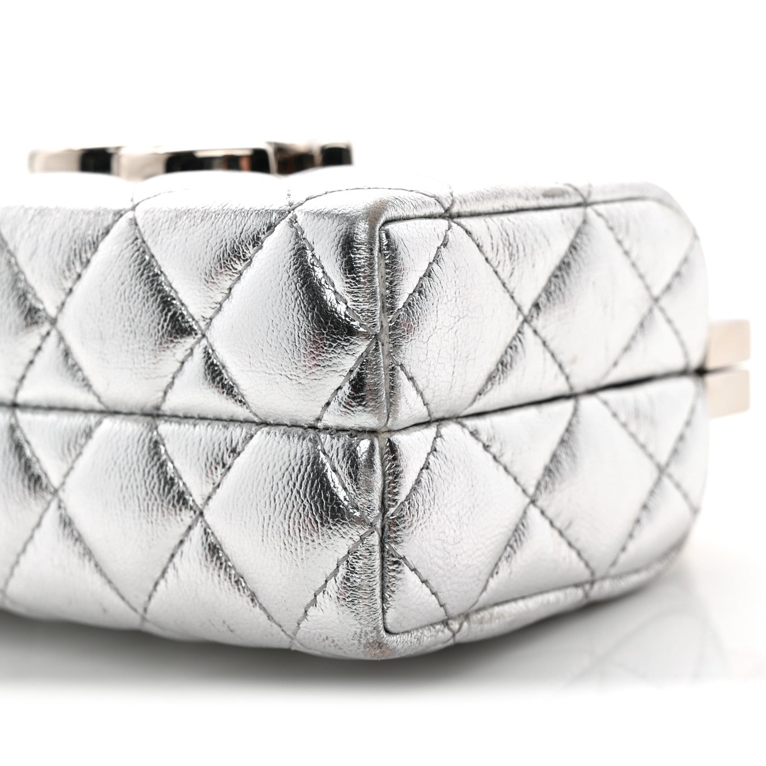 Metallic Calfskin Quilted Box Crossbody Silver