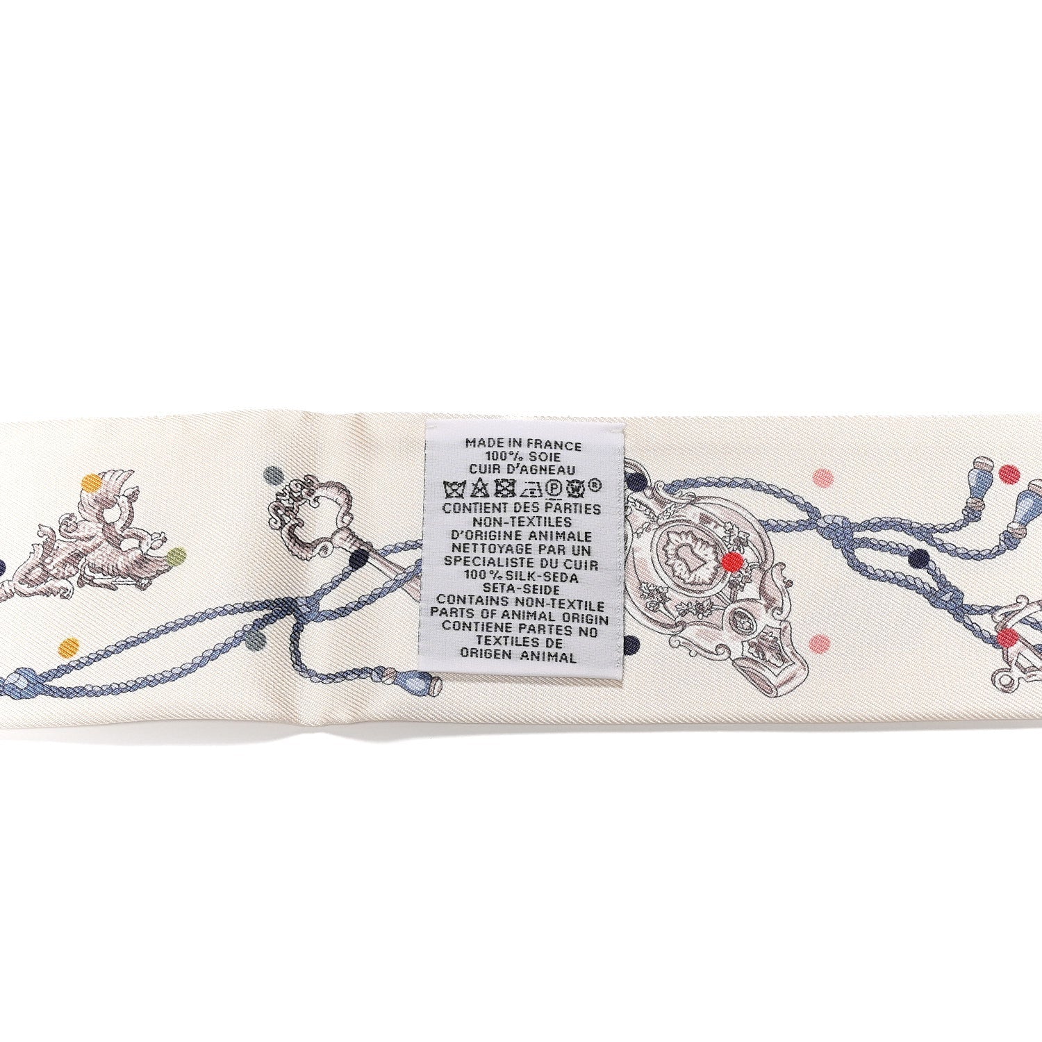Silk Calfskin Les Cles A Pois Fringed Twilly Creme Gris Perle Multicolor