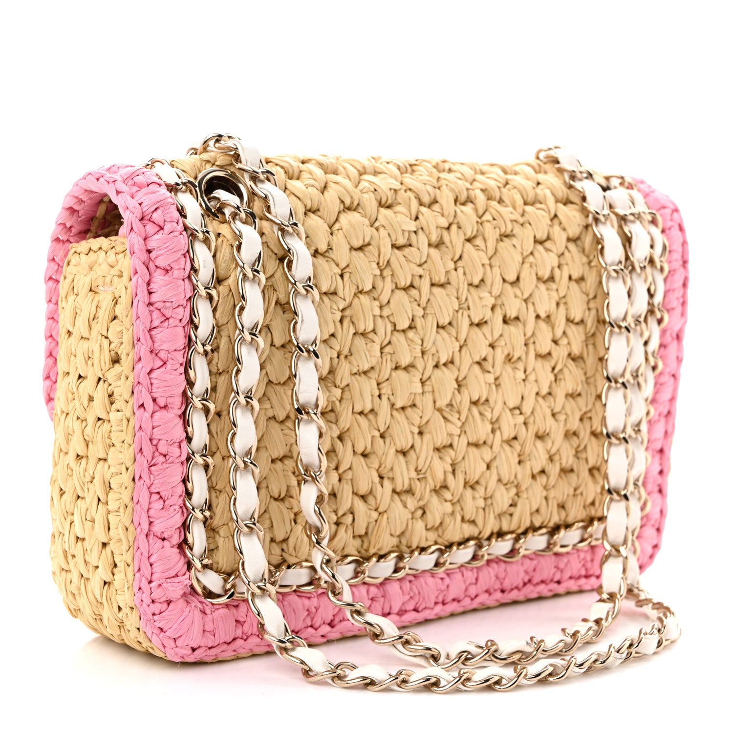 Raffia Chain Venice Beach Flap Bag Beige Pink