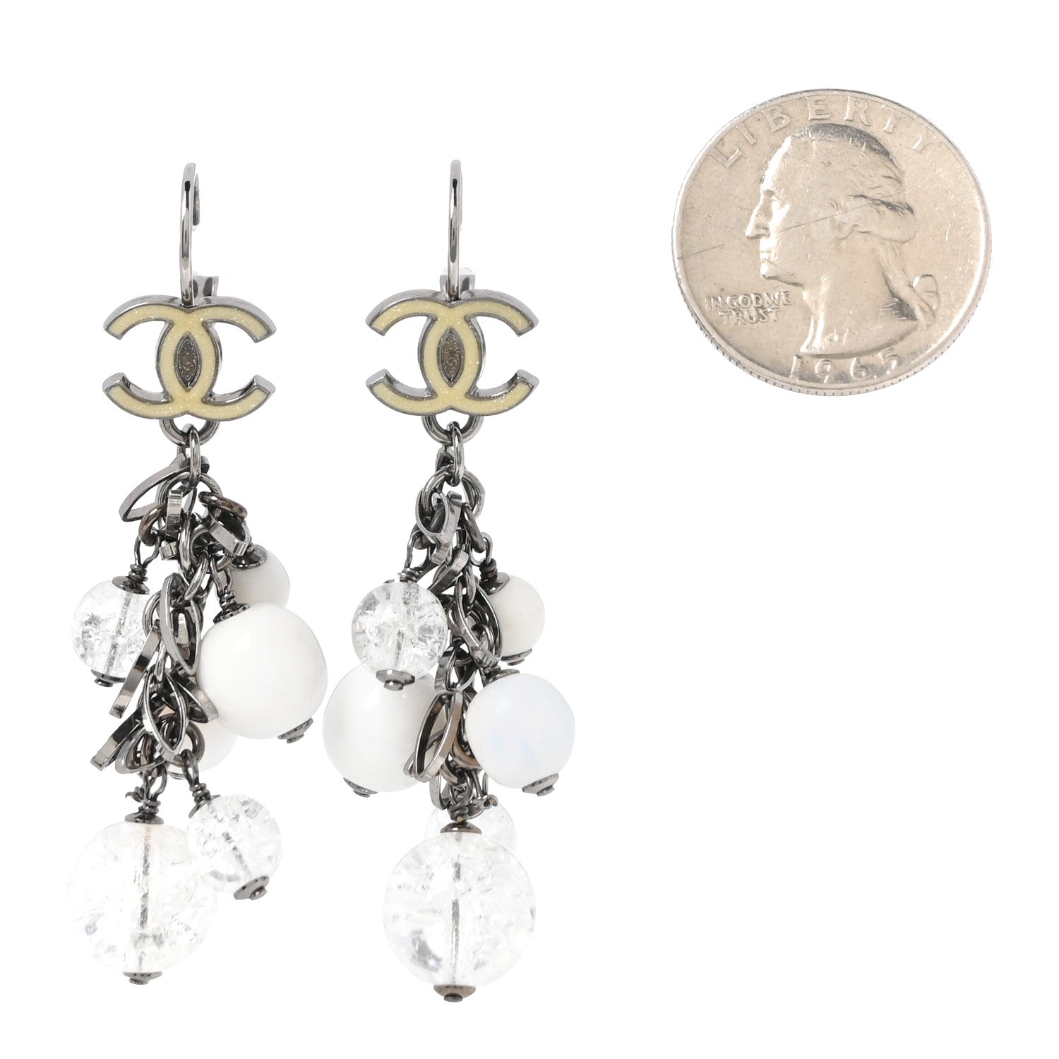 Enamel Beaded CC Drop Earrings White Silver