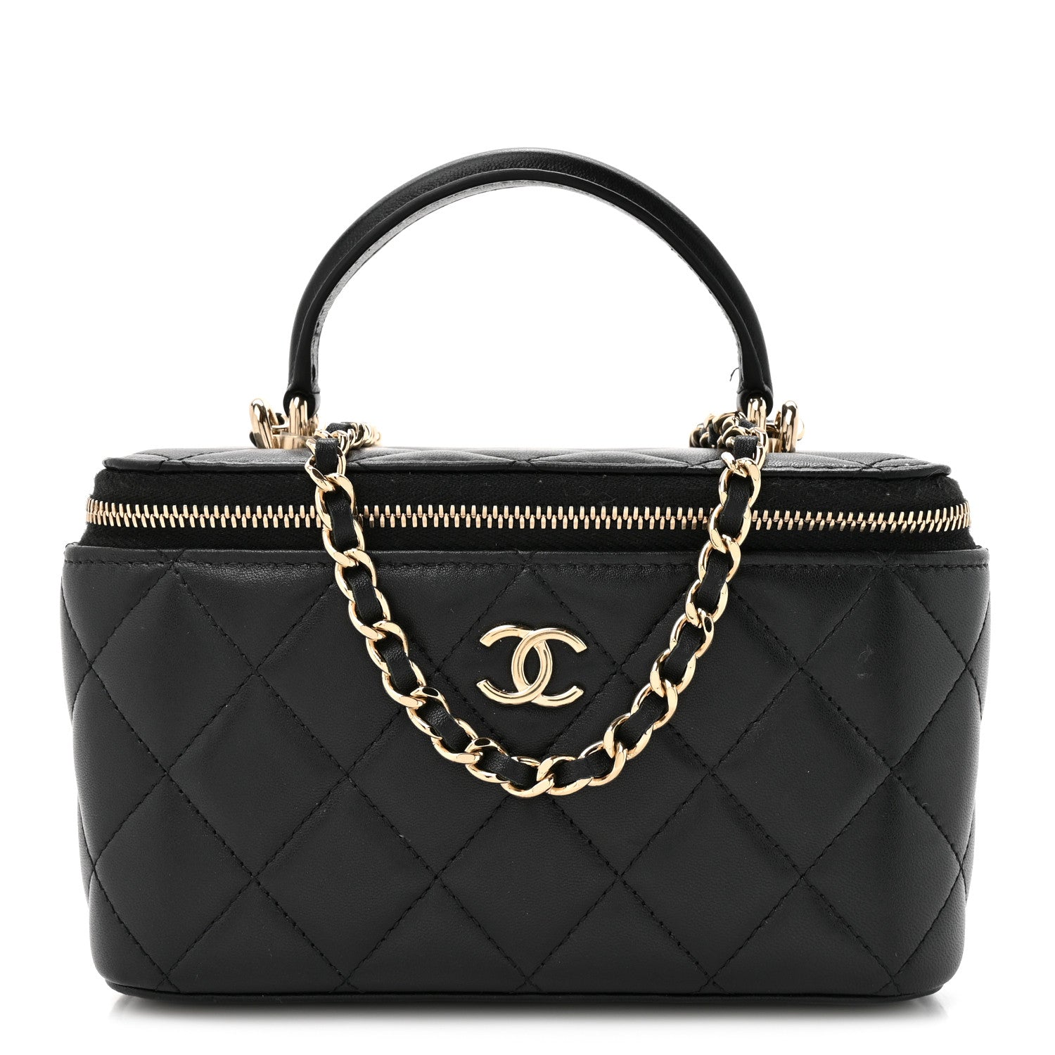 Lambskin Quilted Small Top Handle Vanity Case With Chain Black