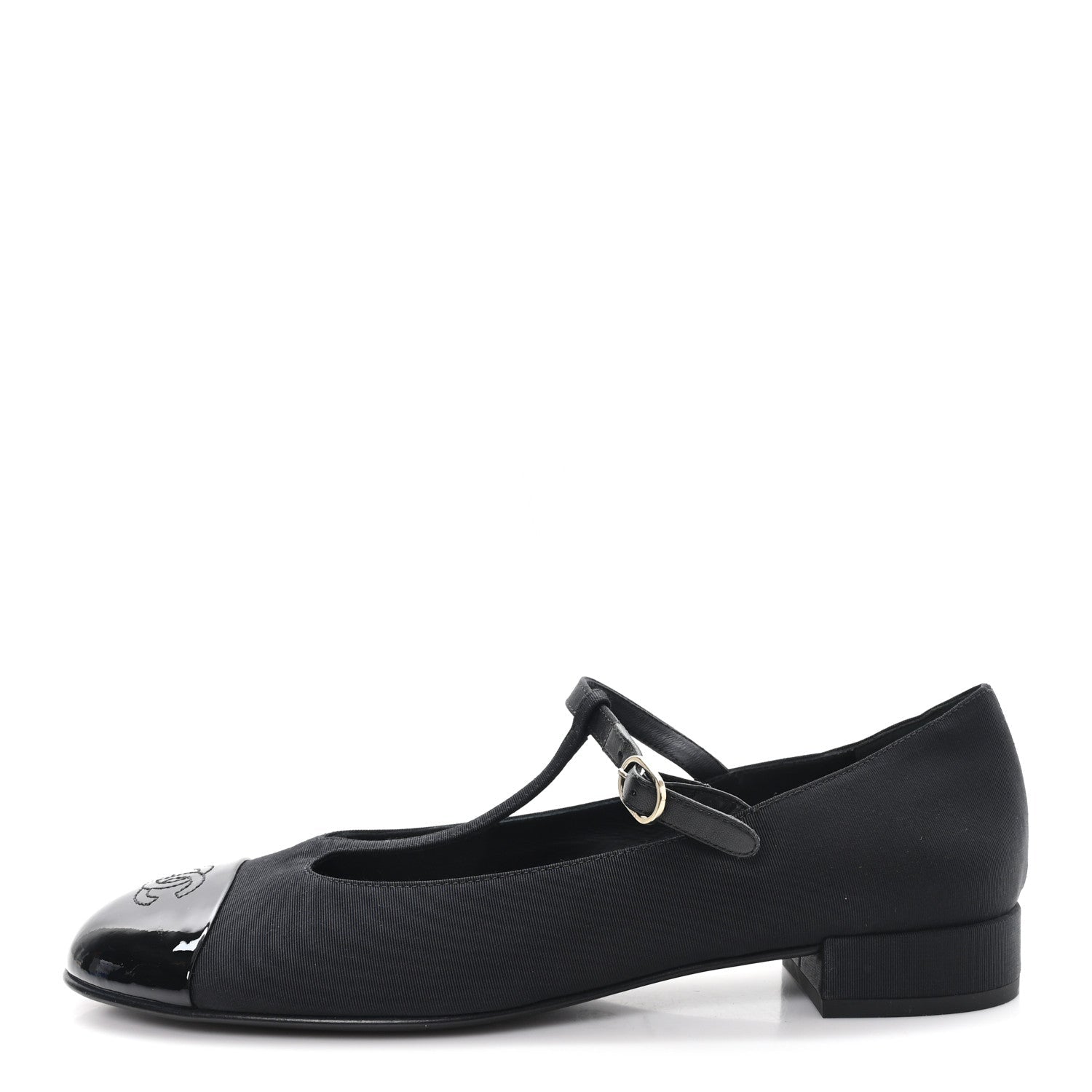 Grosgrain Patent Calfskin Cap Toe T Strap CC Flats 38 Black