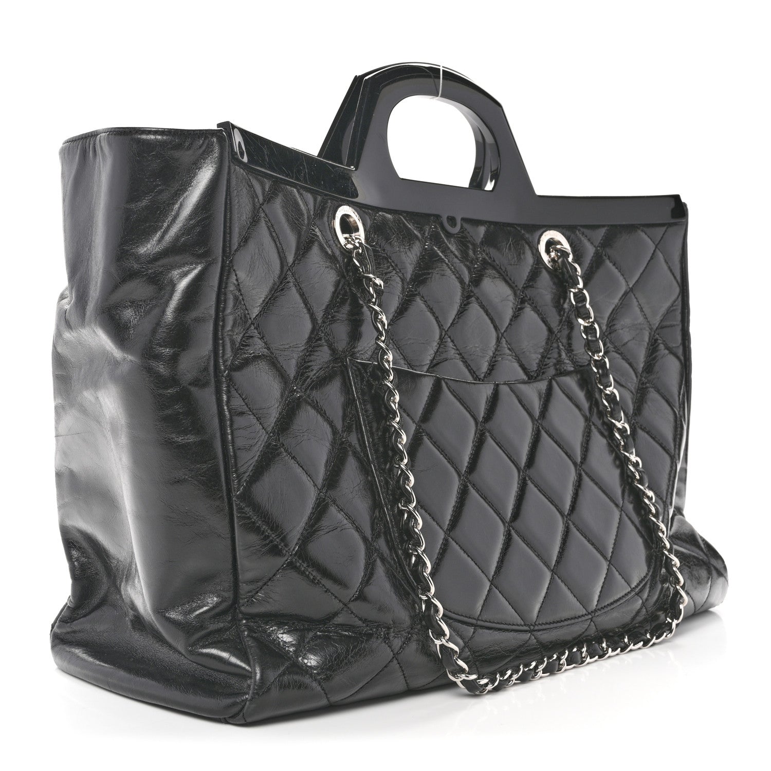 Glazed Calfskin Quilted Large CC Delivery Tote Black