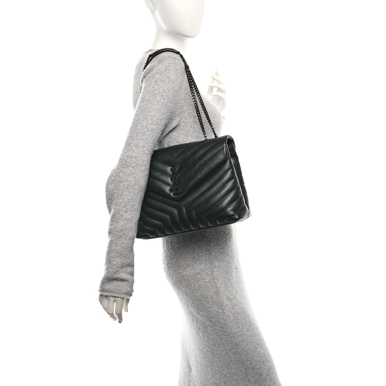 Calfskin Y Quilted Monogram Monochrome Medium Loulou Chain Satchel Black