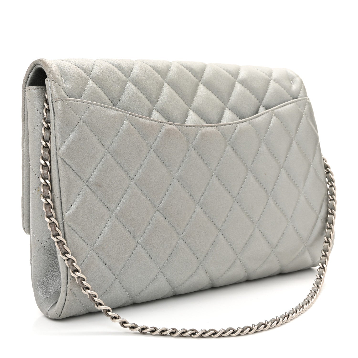 Metallic Lambskin Quilted Clutch With Chain Flap Silver