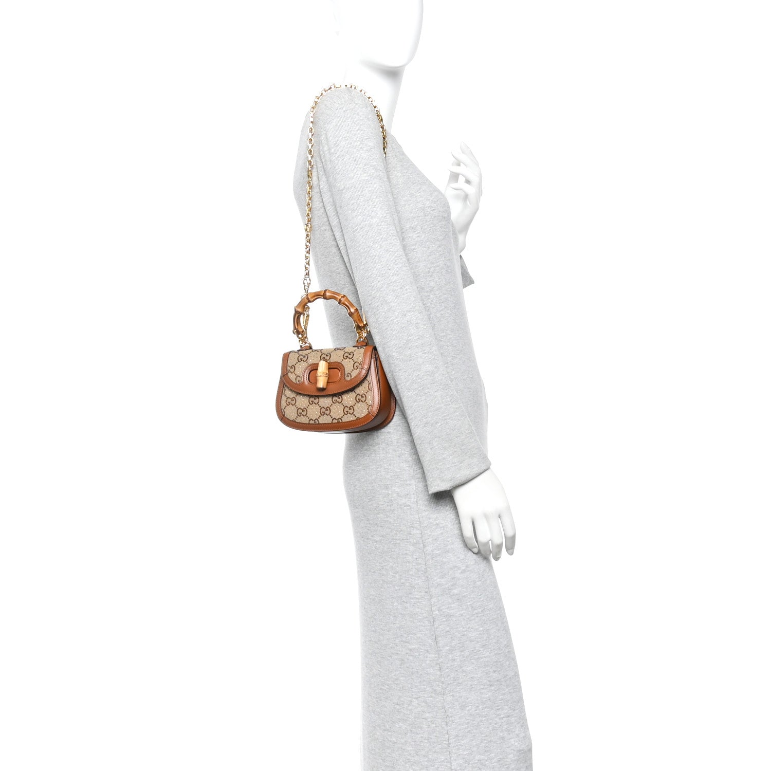 New Canvas Charisma Calfskin Crystal GG Monogram Small Bamboo 1947 Top Handle Bag Camel Ebony