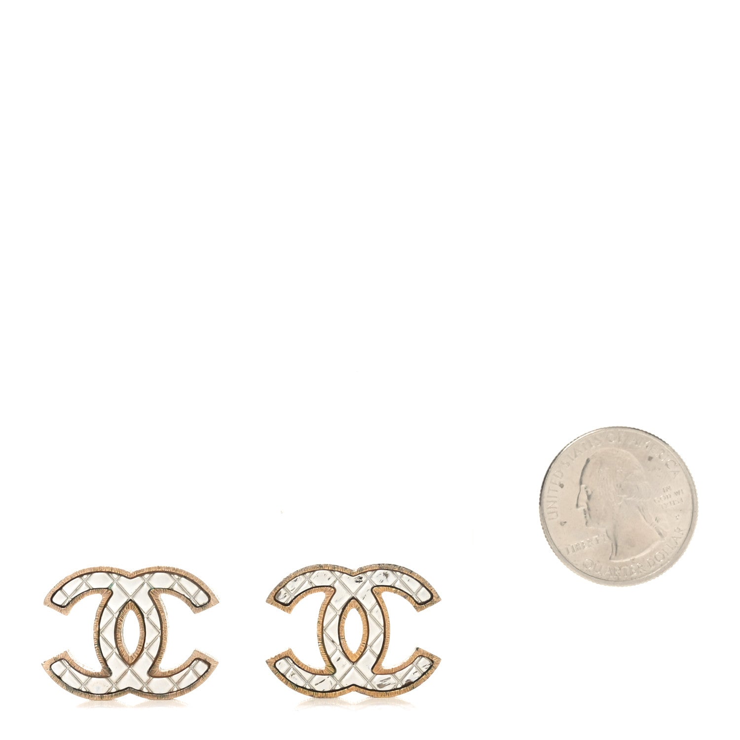 Metal Quilted CC Earrings Gold White