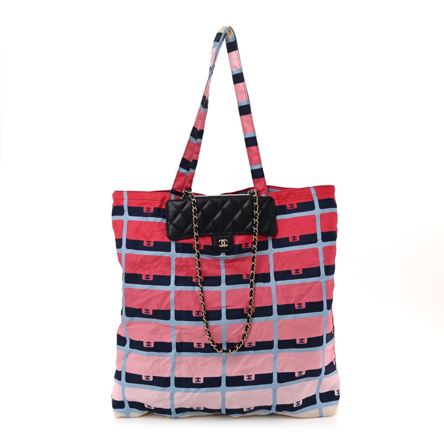 Caviar Fabric Quilted Foldable Tote With Chain Navy Multicolor