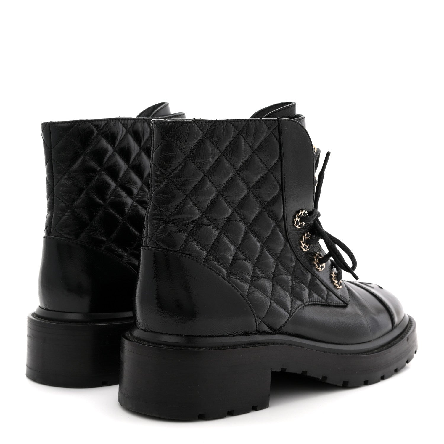 Shiny Goatskin Calfskin Quilted Lace Up Combat Boots 38.5 Black