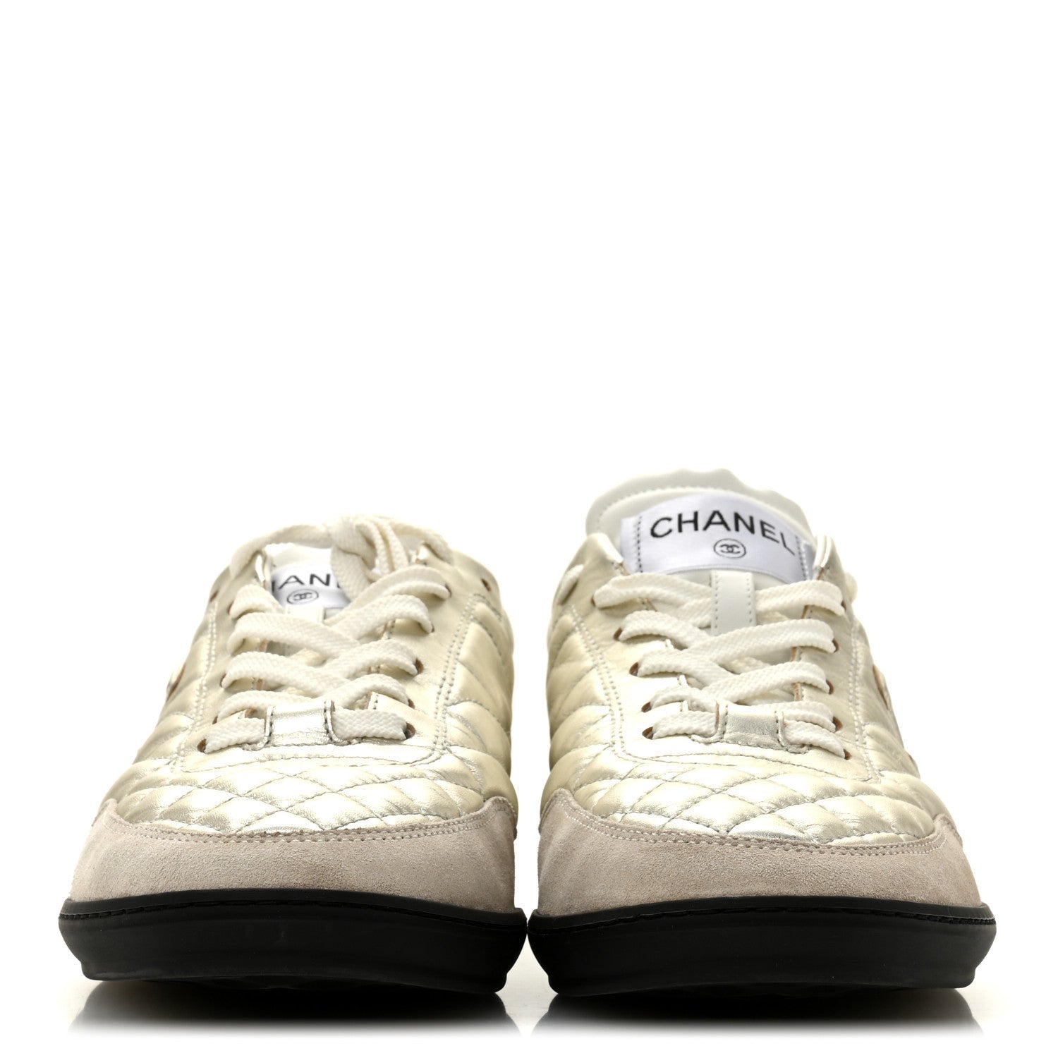 Laminated Calfskin Suede Quilted Womens CC Sneakers 39 Silver White Gray