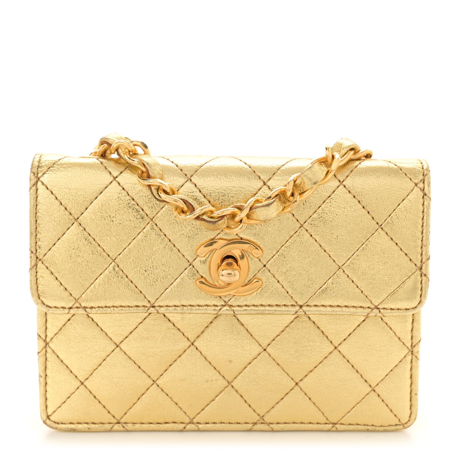 Metallic Lambskin Quilted Mini Flap Gold