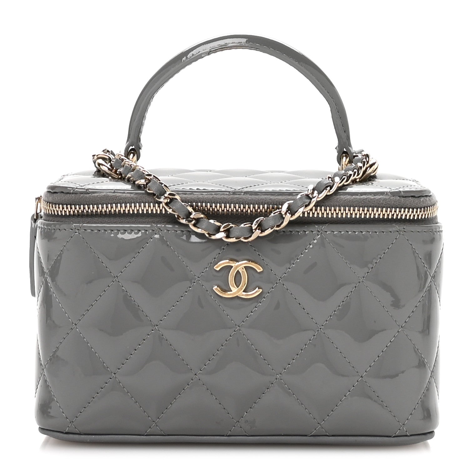 Patent Quilted Quilted Small Top Handle Vanity Case With Chain Grey