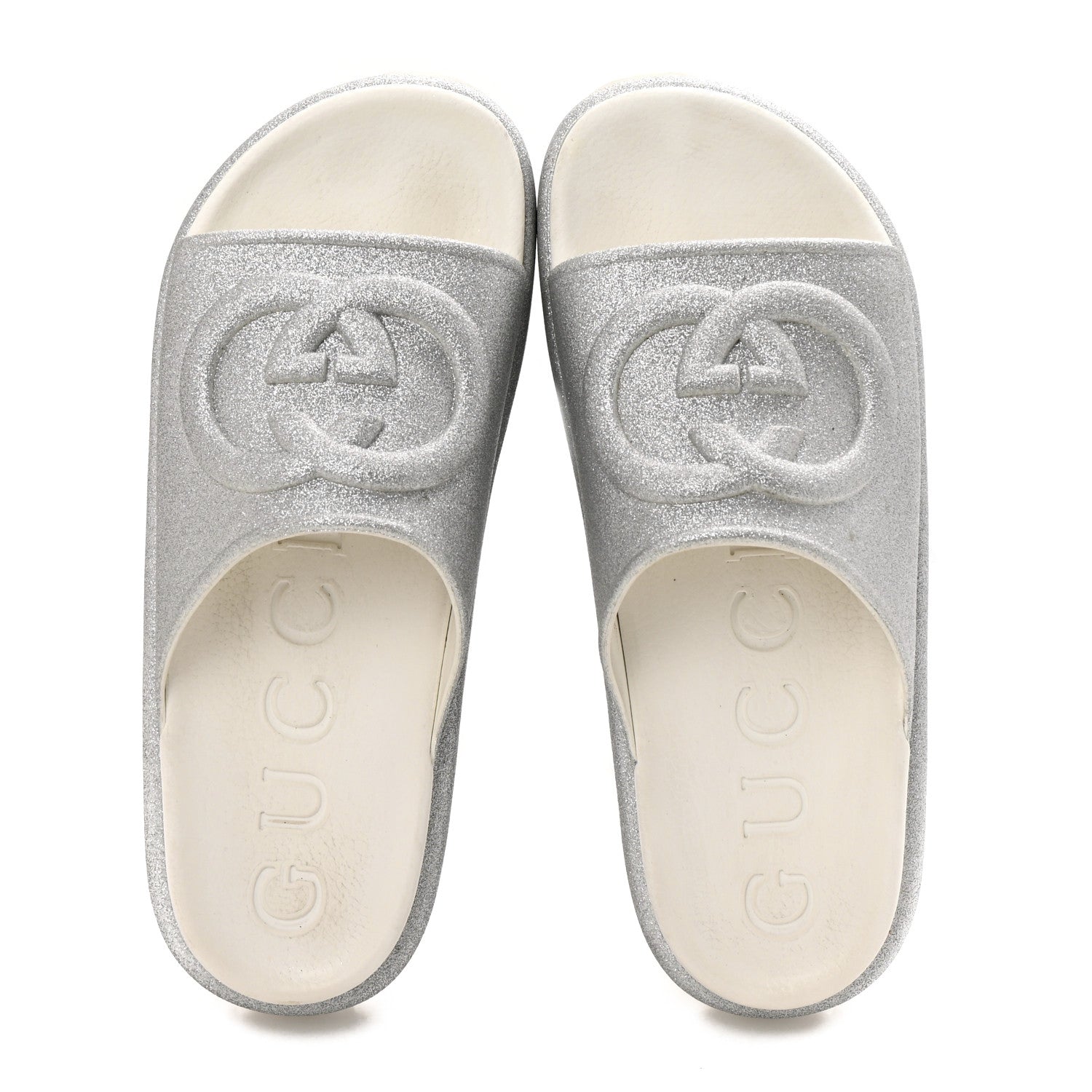 Glitter Rubber Womens Interlocking G Platform 42mm Slide Sandals 40 Silver