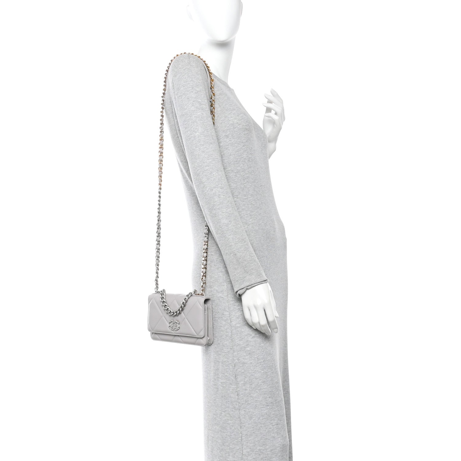 Lambskin Quilted Chanel 19 Wallet On Chain WOC Grey