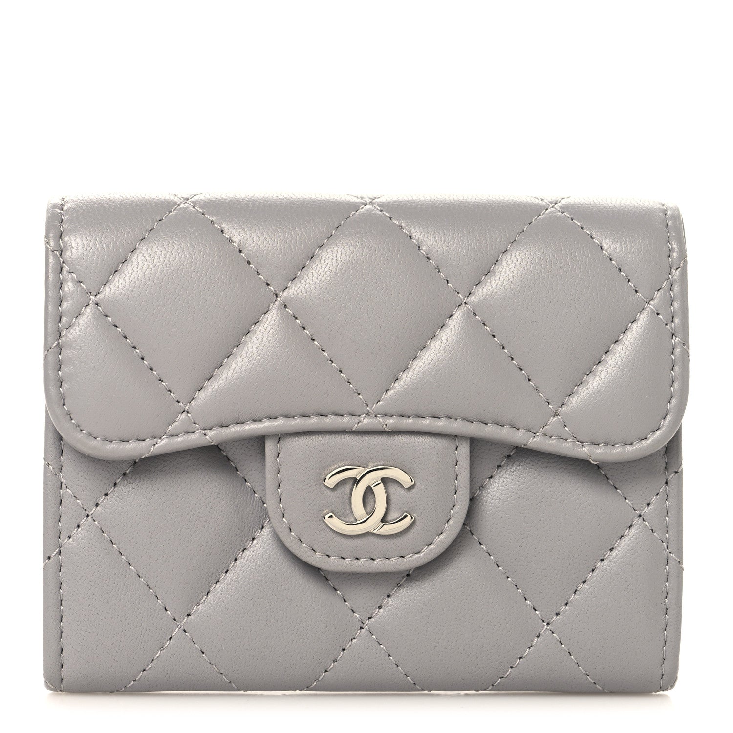 Lambskin Quilted Flap Card Holder Wallet Grey