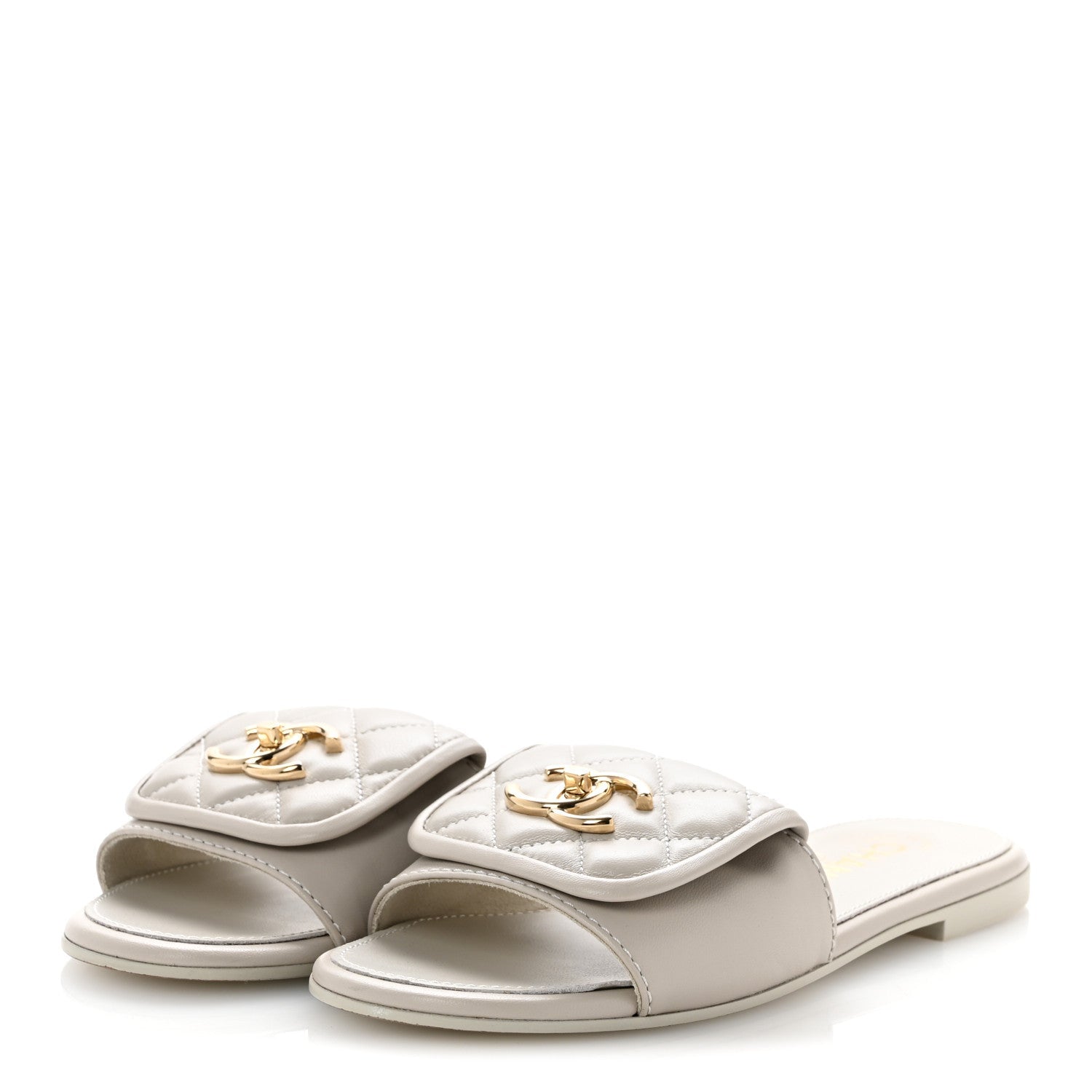 Lambskin Quilted Turnlock Flat Mules 35.5 Light Grey