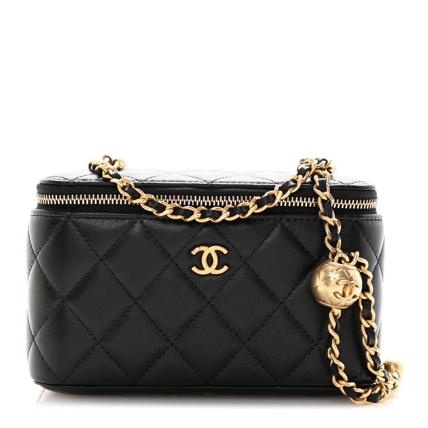 Lambskin Quilted Pearl Crush Small Vanity Case With Chain Black