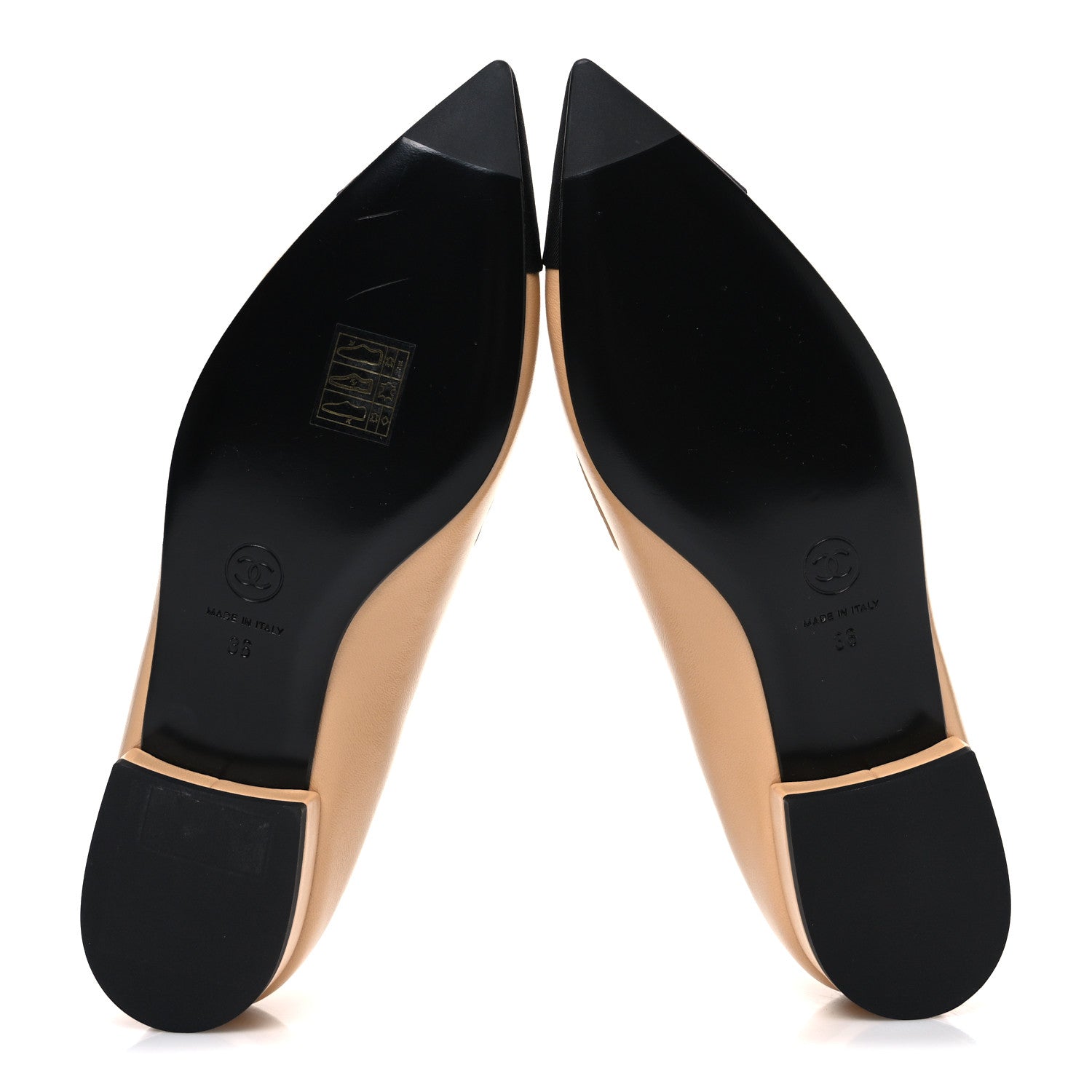 Shiny Lambskin Grosgrain Pointed Toe CC Ballet Flats 36 Beige Black