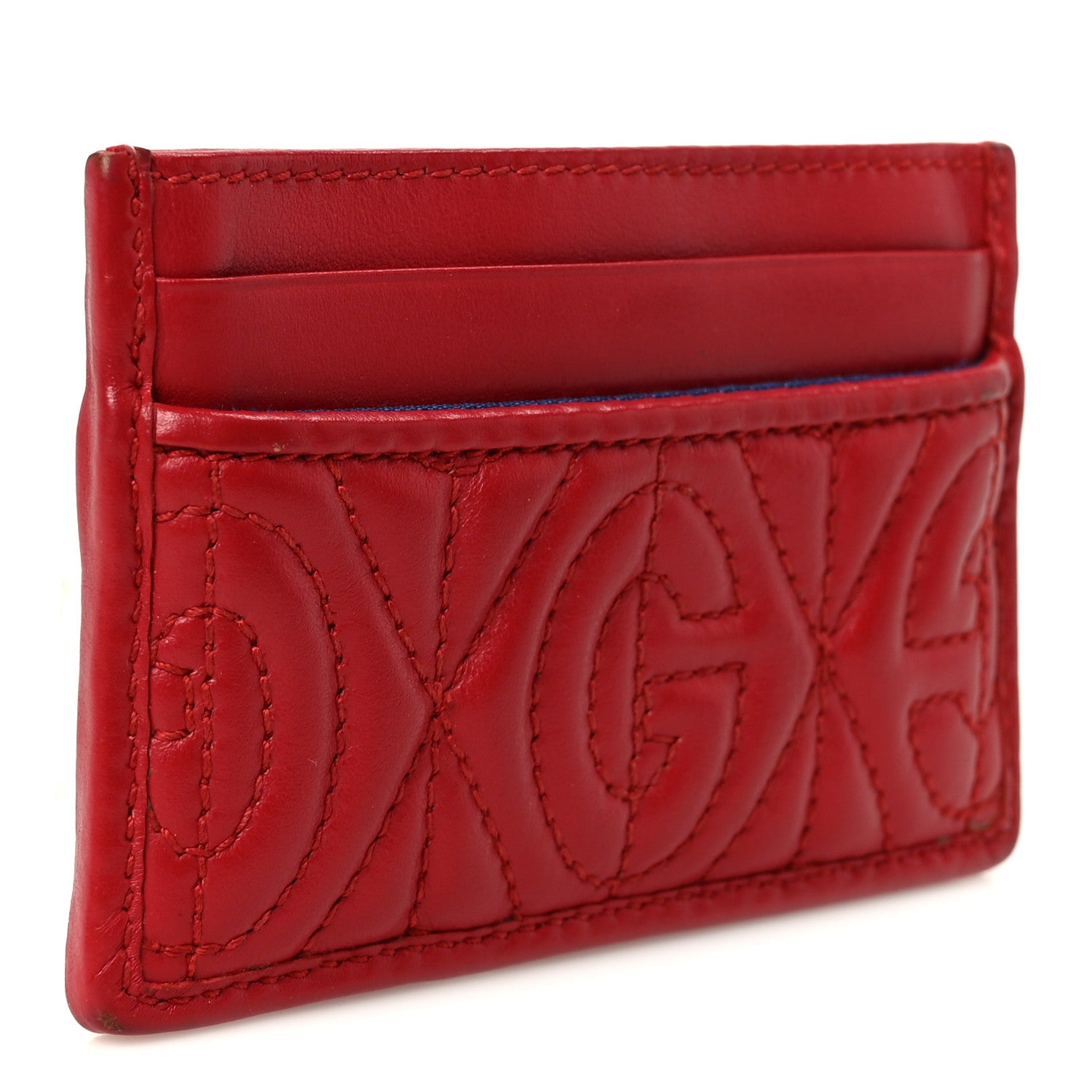 Calfskin G Rhombus Quilted Card Holder Hibiscus Red