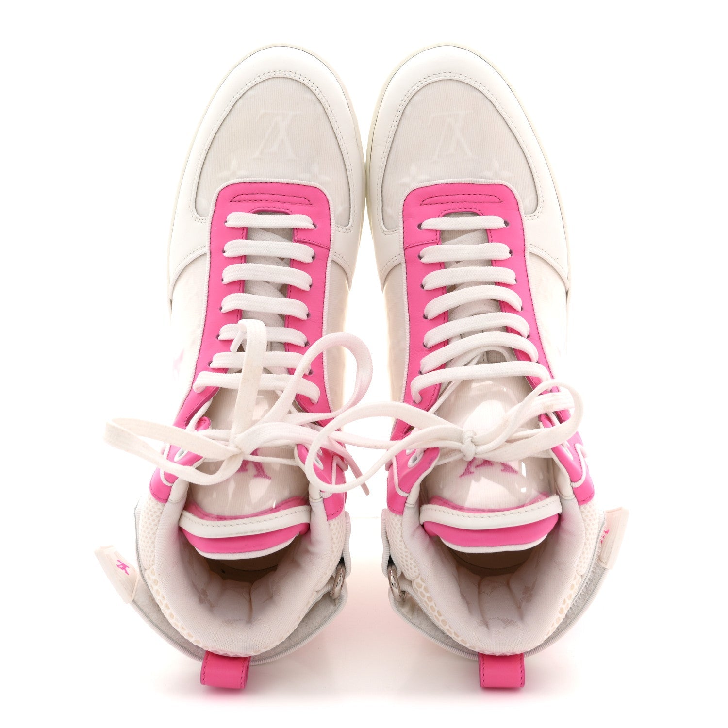 Calfskin Nylon Mesh Monogram Womens Boombox High Top Sneakers 39 White Pink