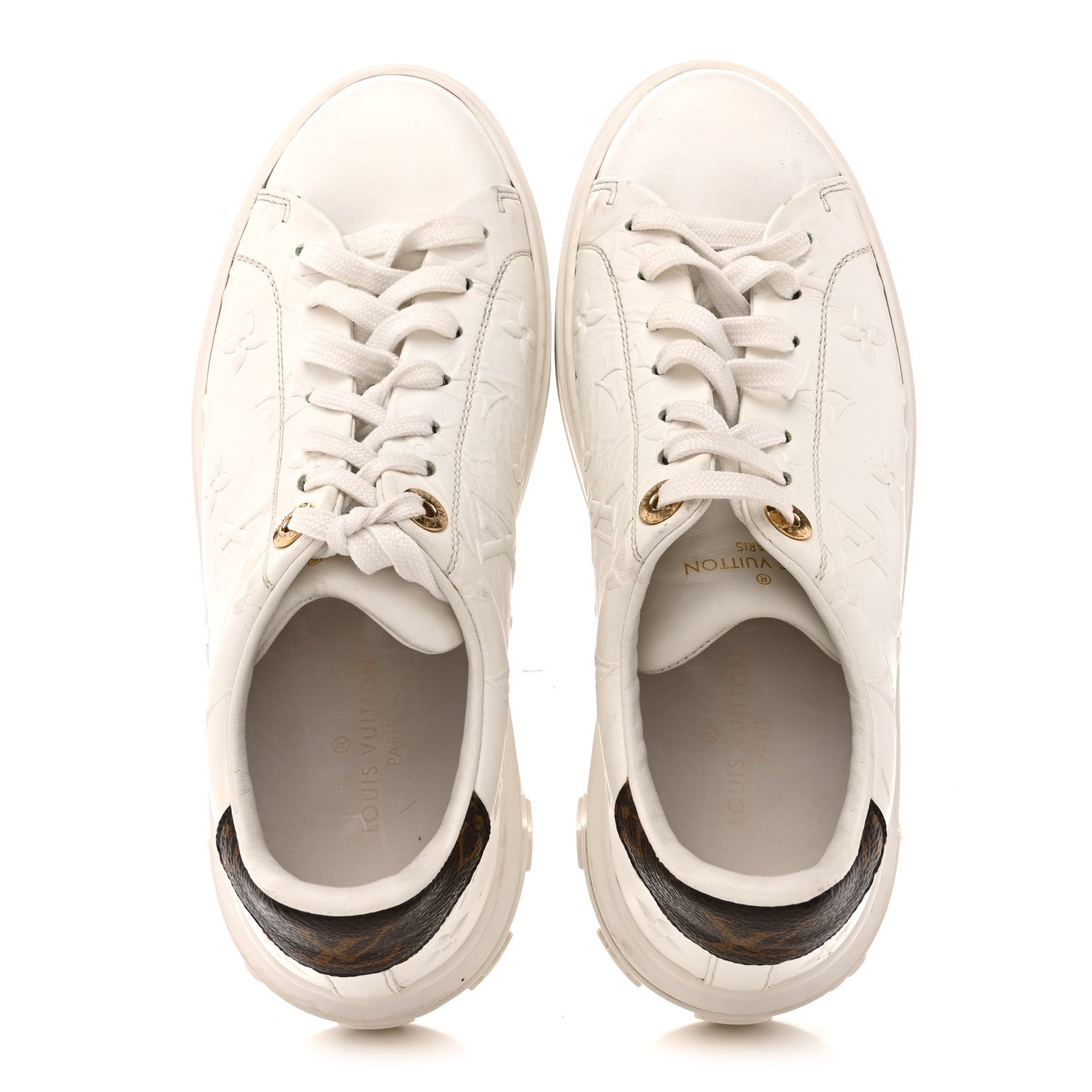 Lambskin Embossed Monogram Time Out Sneakers 35  White