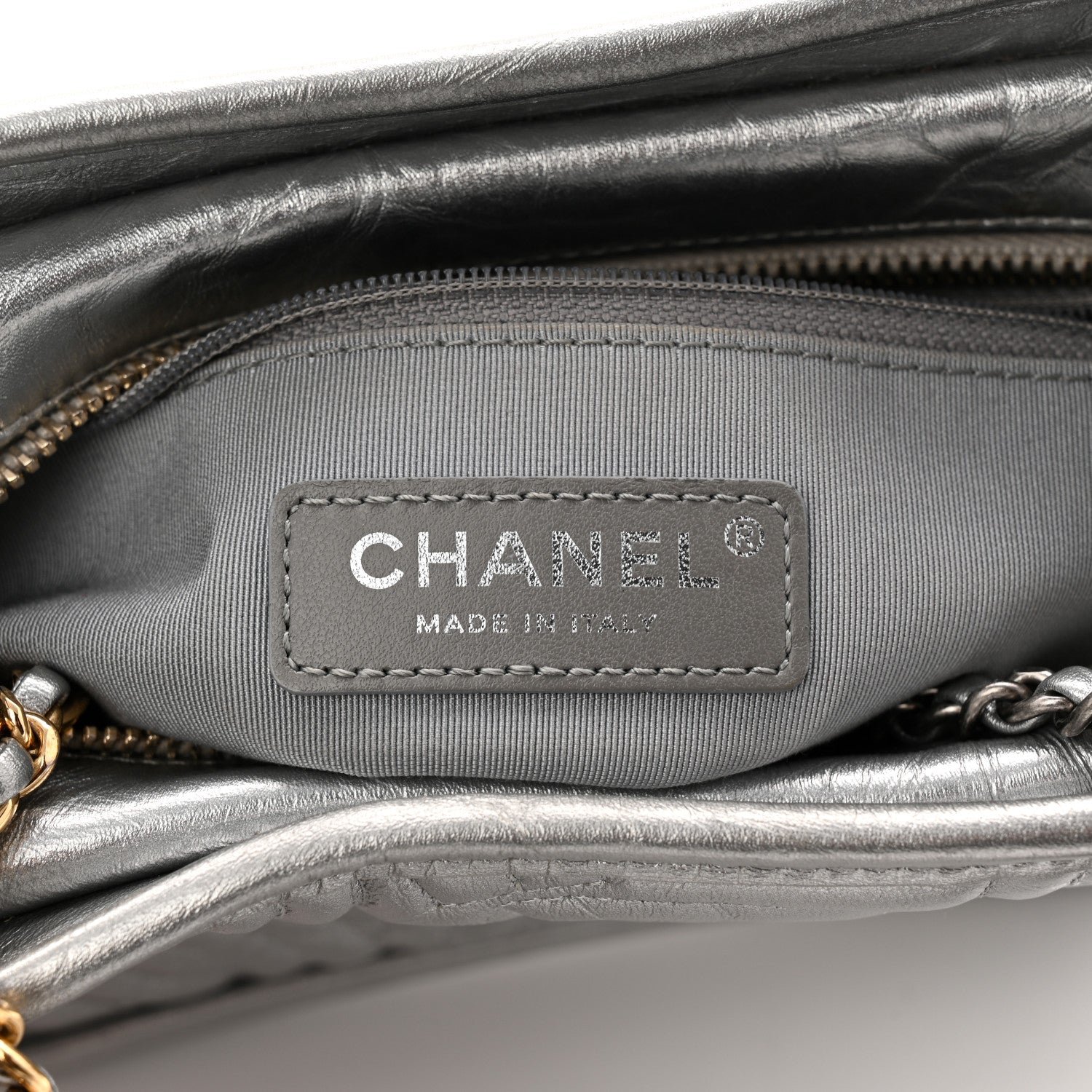 Metallic Aged Calfskin CC Quilted Small Gabrielle Hobo Dark Silver