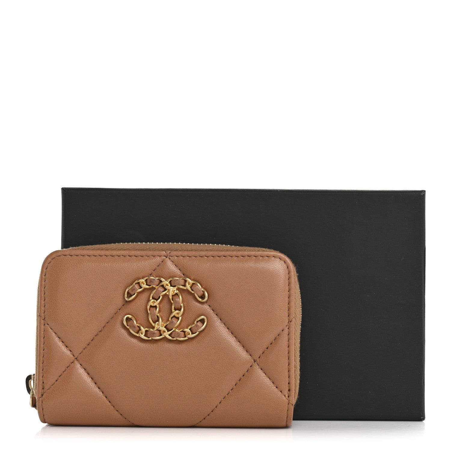 Lambskin Quilted Chanel 19 Zip Around Coin Purse Wallet Brown