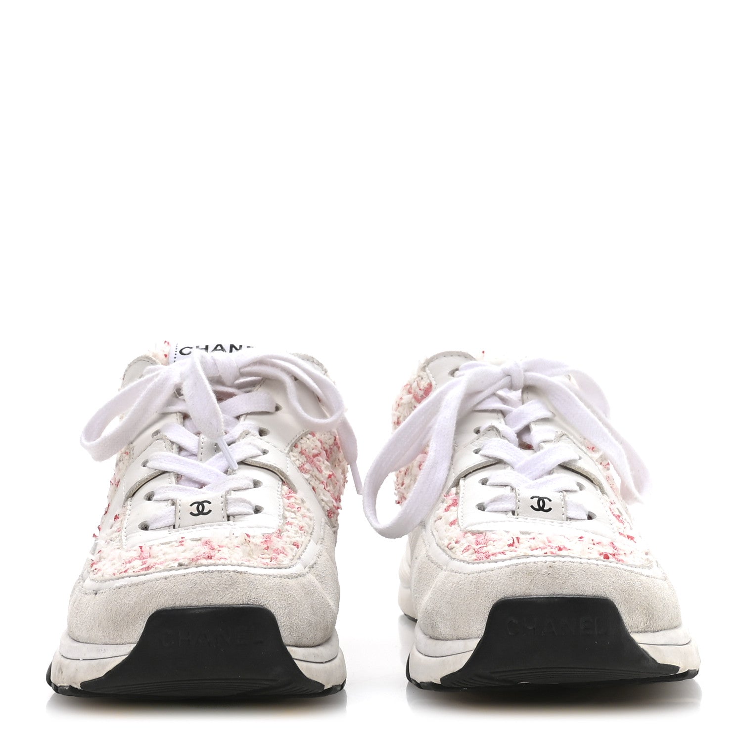 Tweed Suede Calfskin Womens CC Sneakers 39.5 Ecru Pink Red White