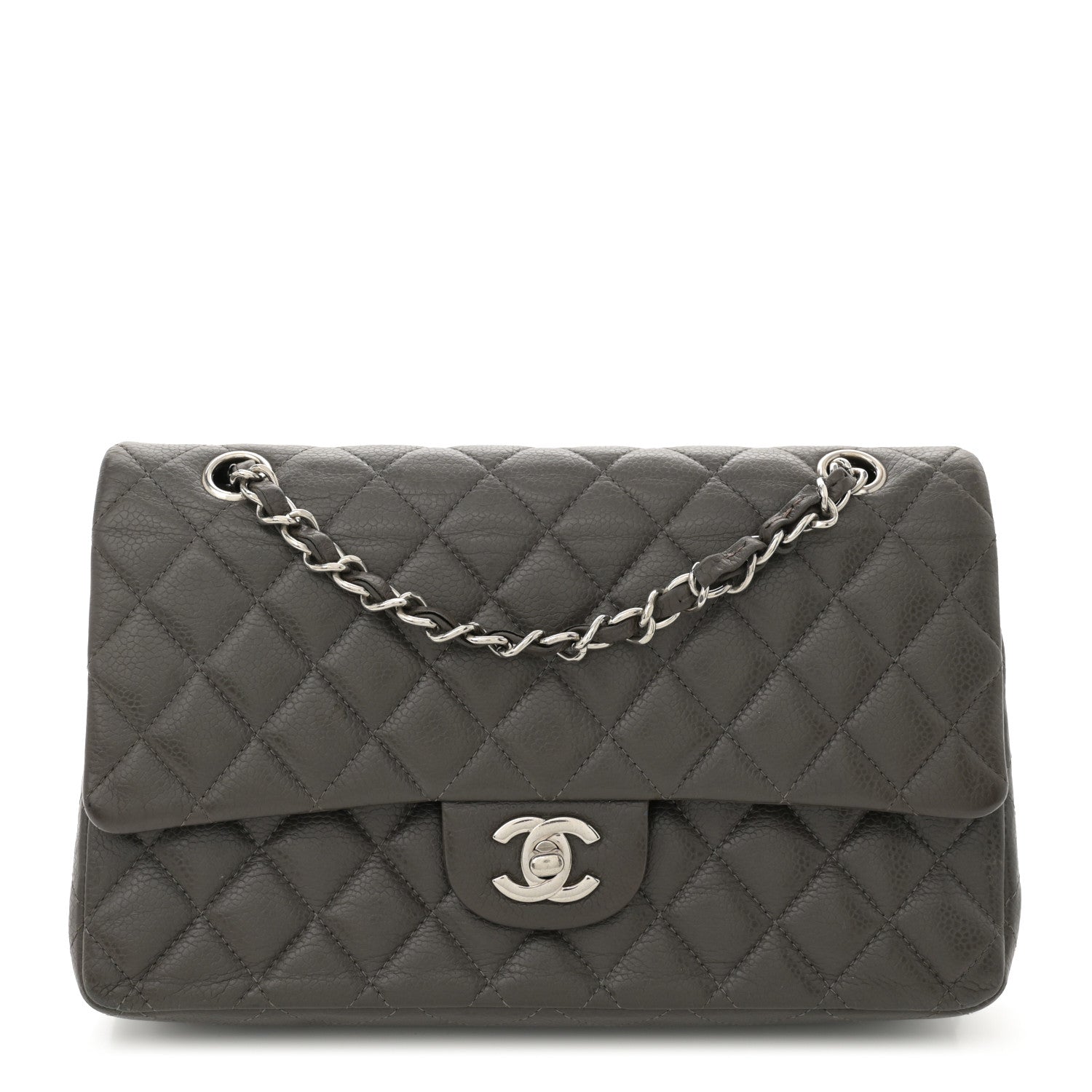 Caviar Quilted Medium Double Flap Dark Grey