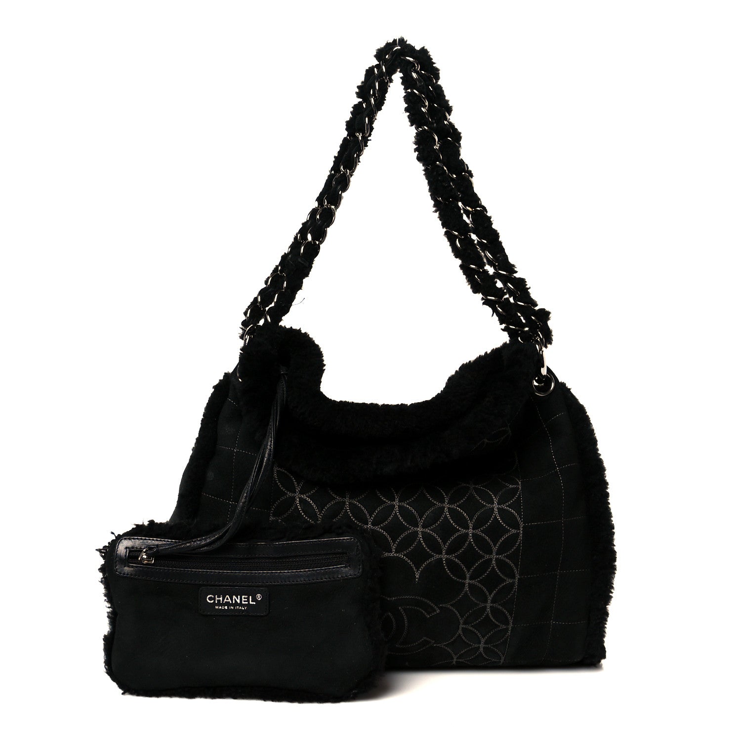 Shearling Suede Stitched CC Tote Black