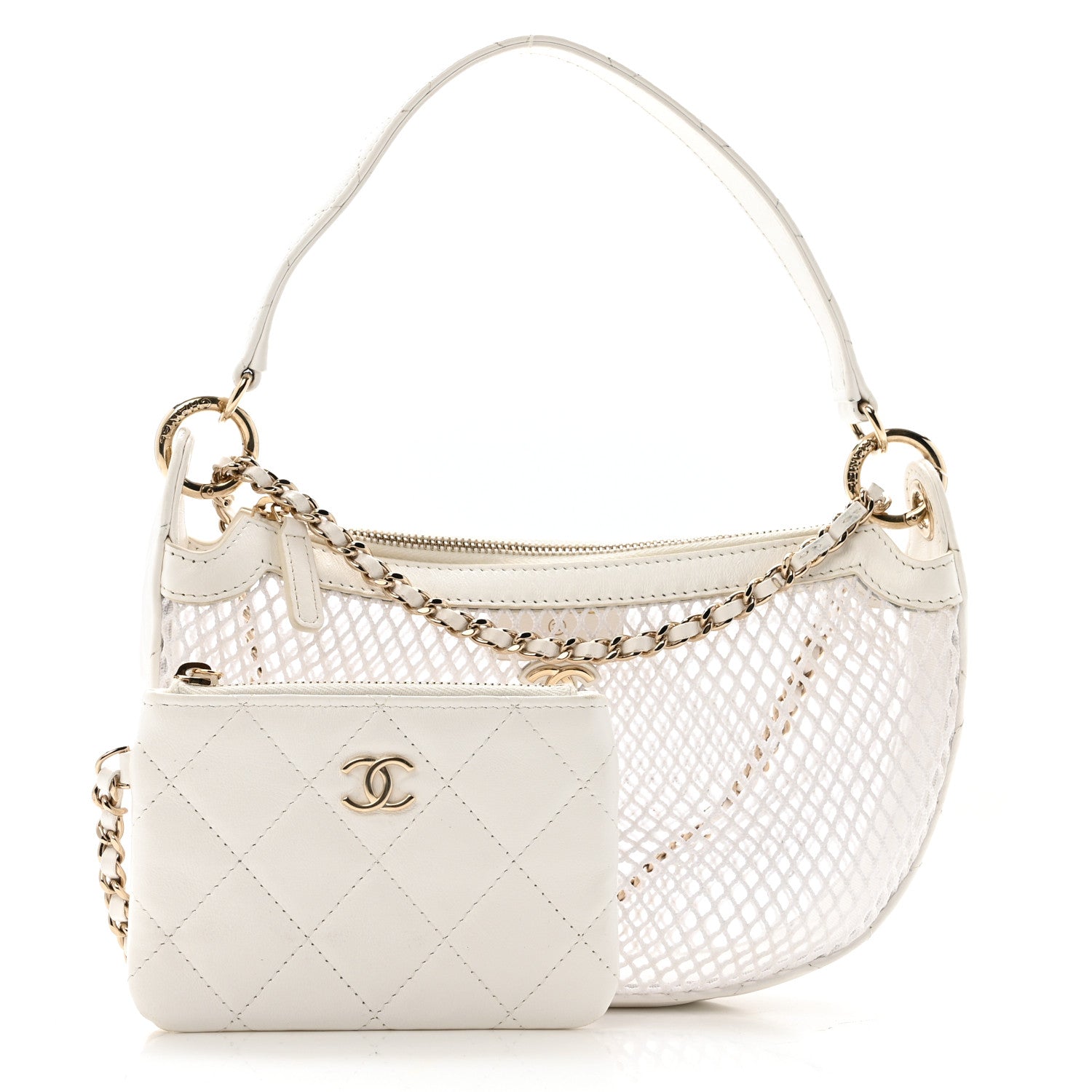 Mesh Shiny Lambskin Chain Hobo White