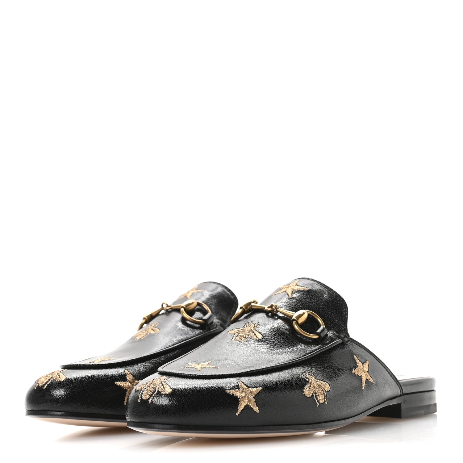 Goatskin Bee Star Embroidered Womens Princetown Slippers 35.5 Black