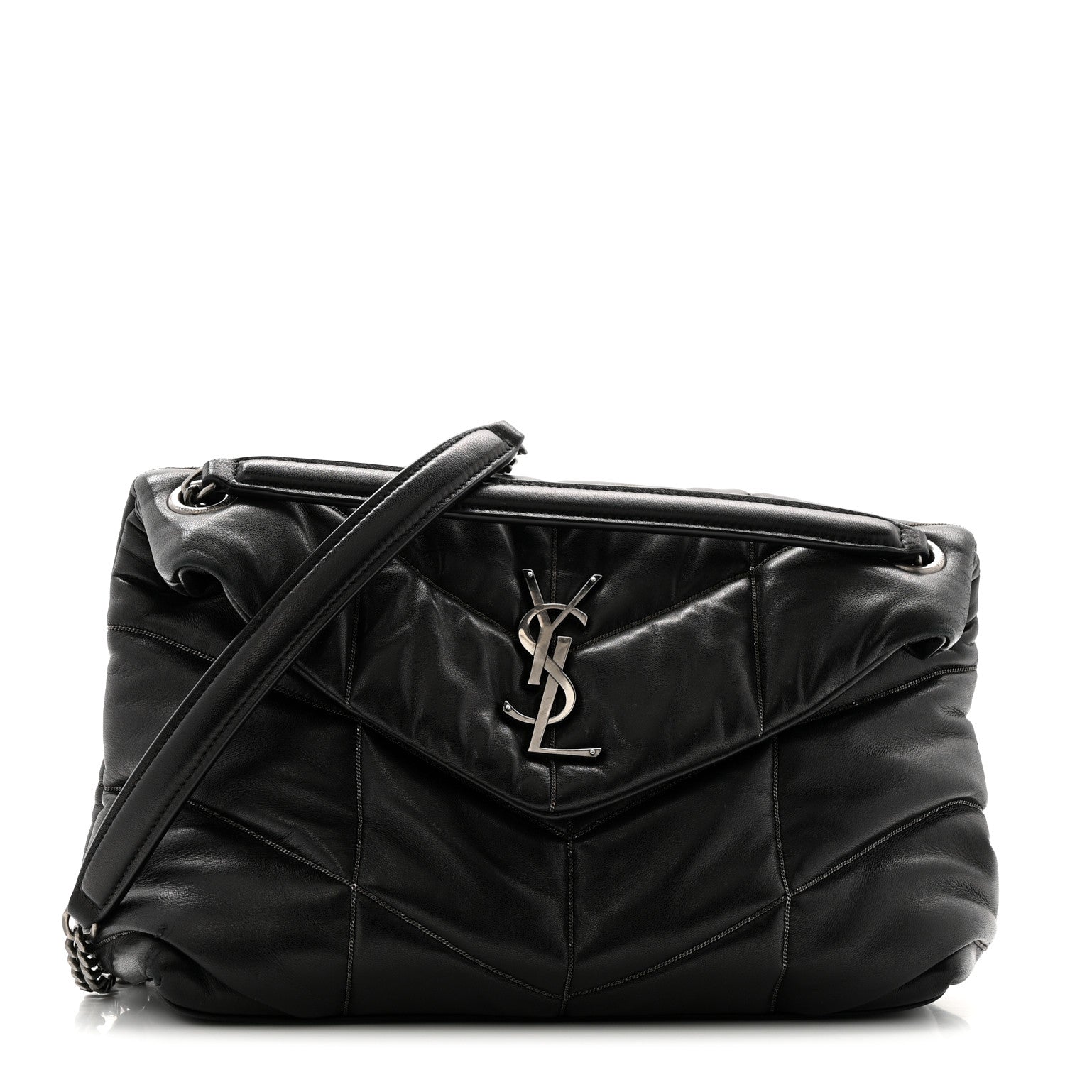 Lambskin Quilted Metal Small Loulou Puffer Monogram Chain Satchel  Black