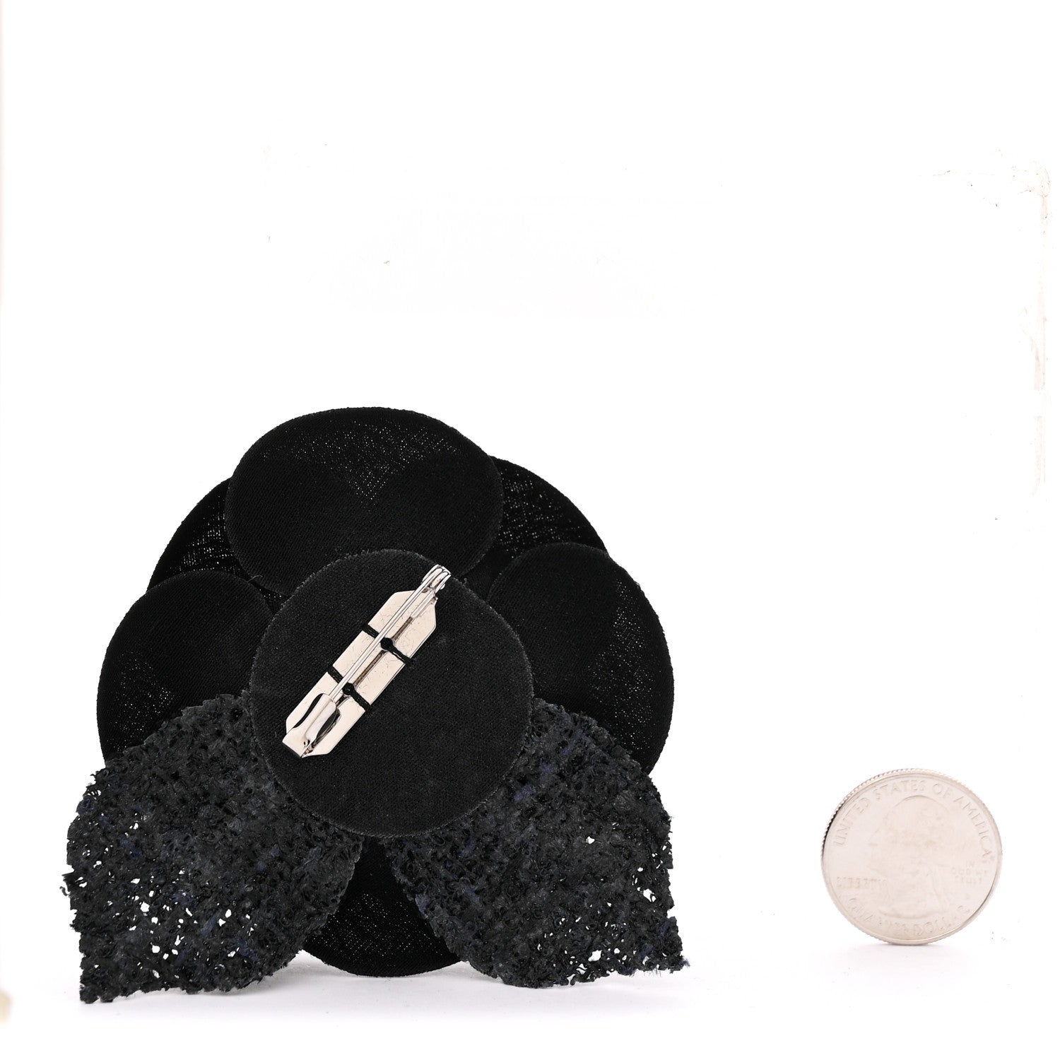 Tweed Fabric Camellia Pin Brooch Navy Blue Black