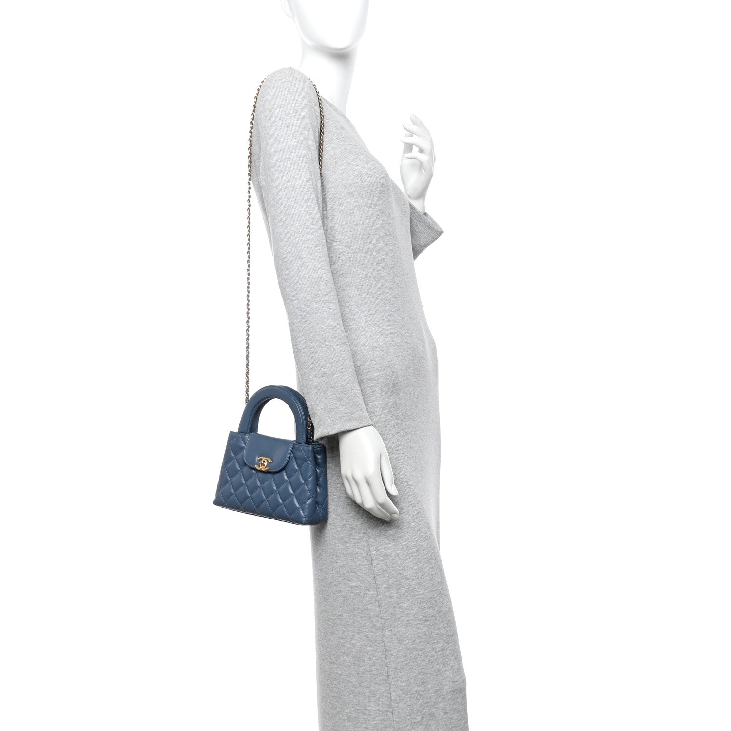 Shiny Aged Calfskin Quilted Nano Kelly Shopper Dark Blue