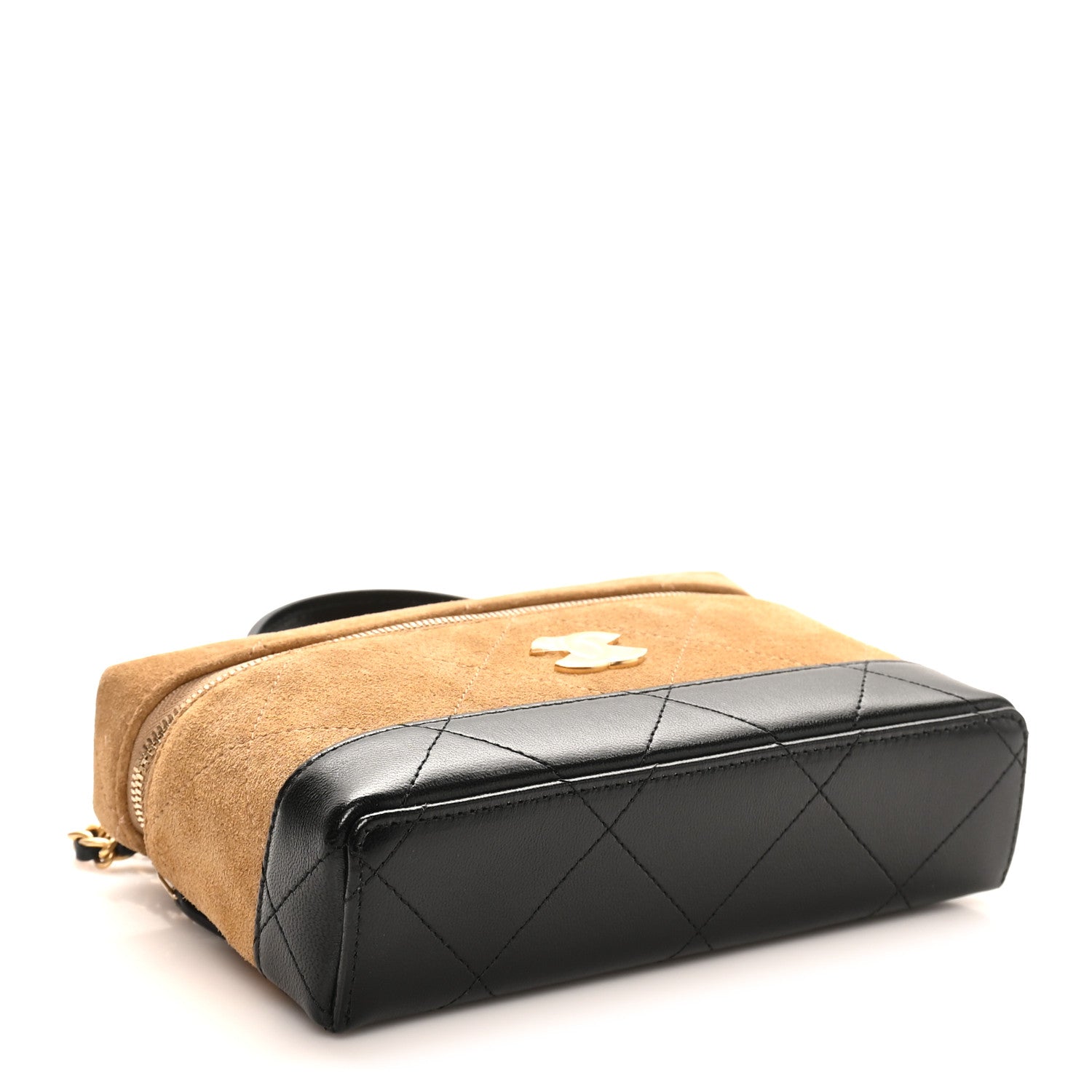 Suede Calfskin Shiny Lambskin Stitched Top Handle Slim Vanity Case With Chain Beige Black