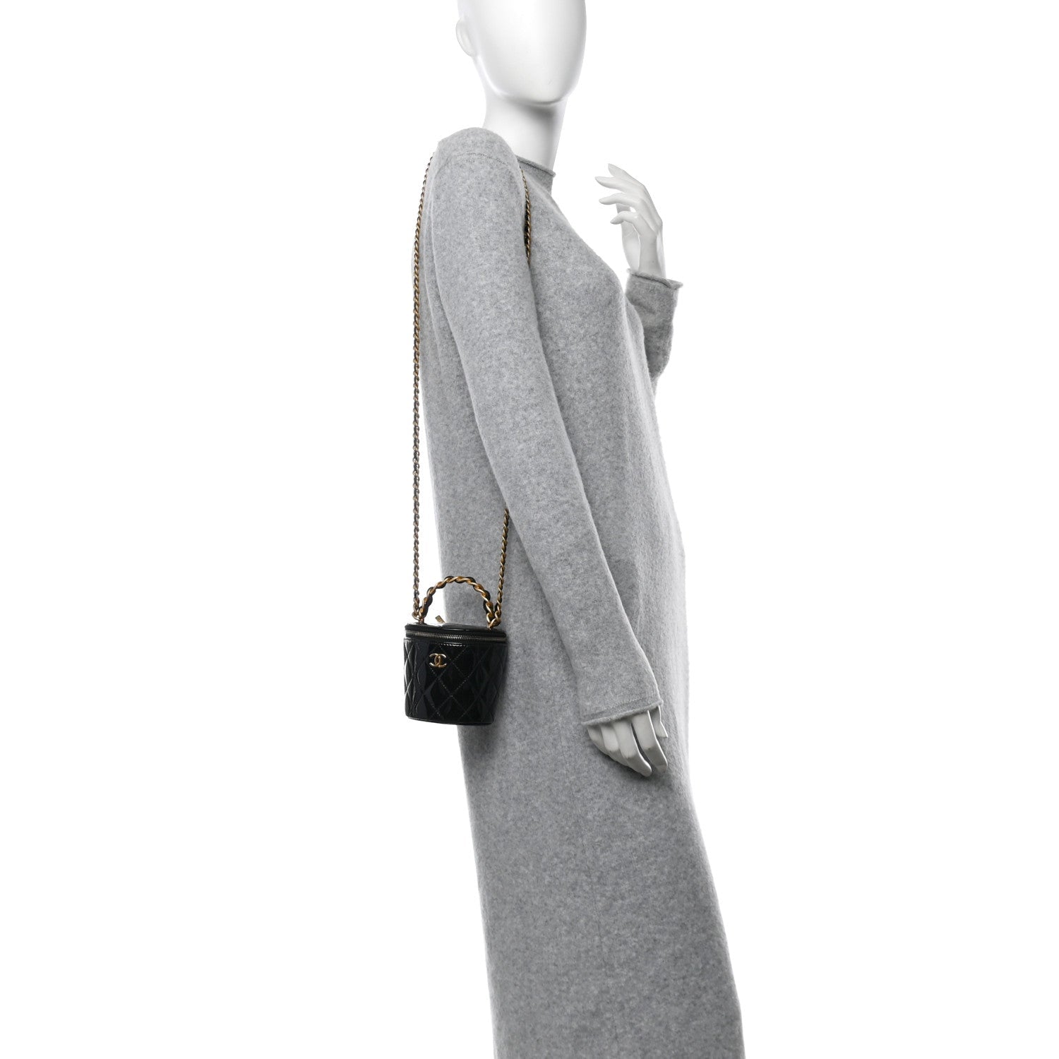 Patent Quilted Afternoon Tea Top Handle Vanity Case With Chain Black