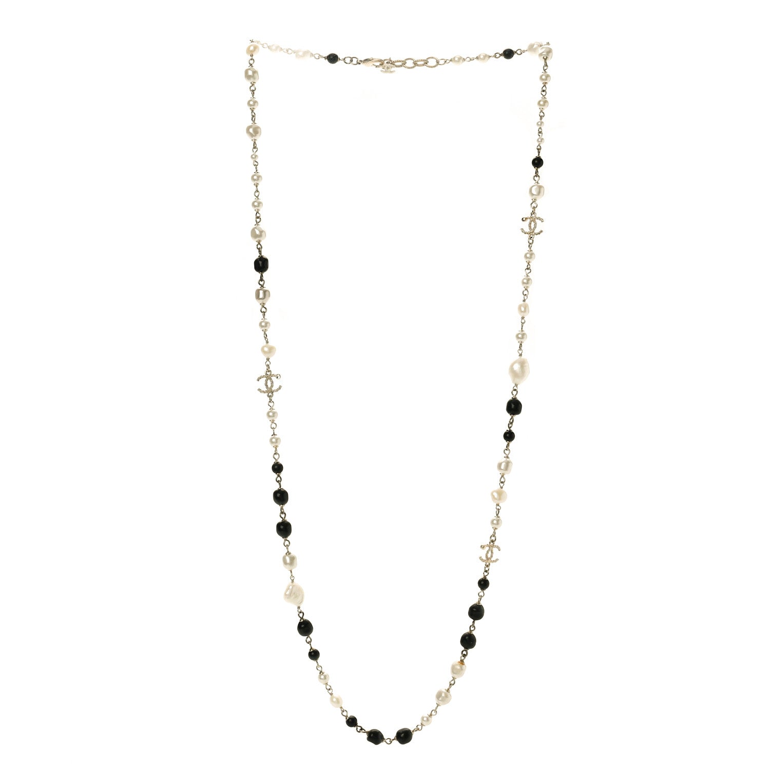 Pearl Beaded Crystal CC Long Necklace Gold Black White
